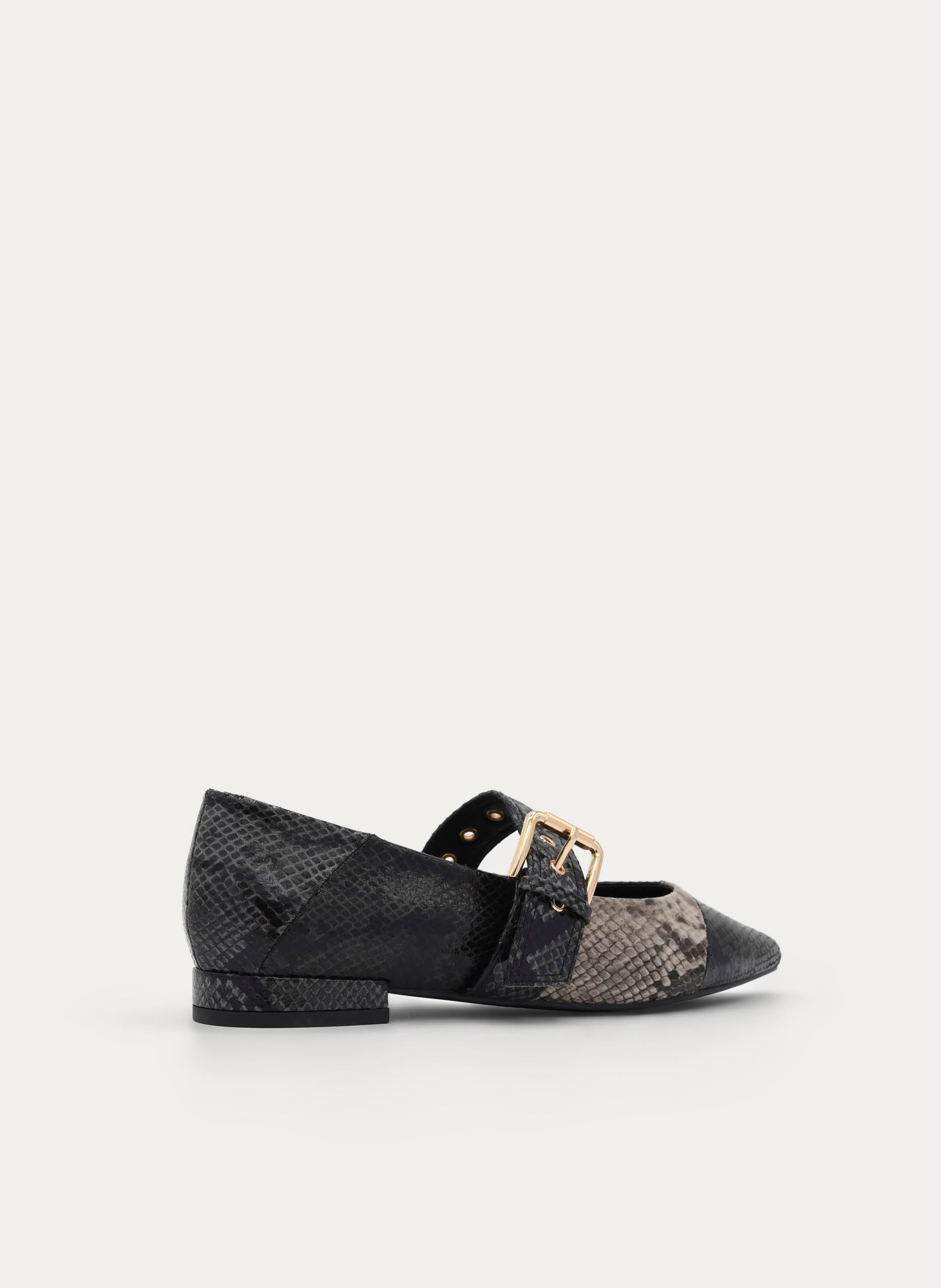 BLACK SNAKE EFFECT LOW HEEL SHOE WITH BUCKLE