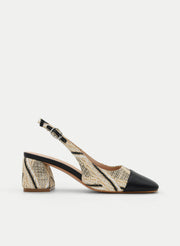 BEIGE AND BLACK OPEN-BACK MEDIUM HEEL SHOES