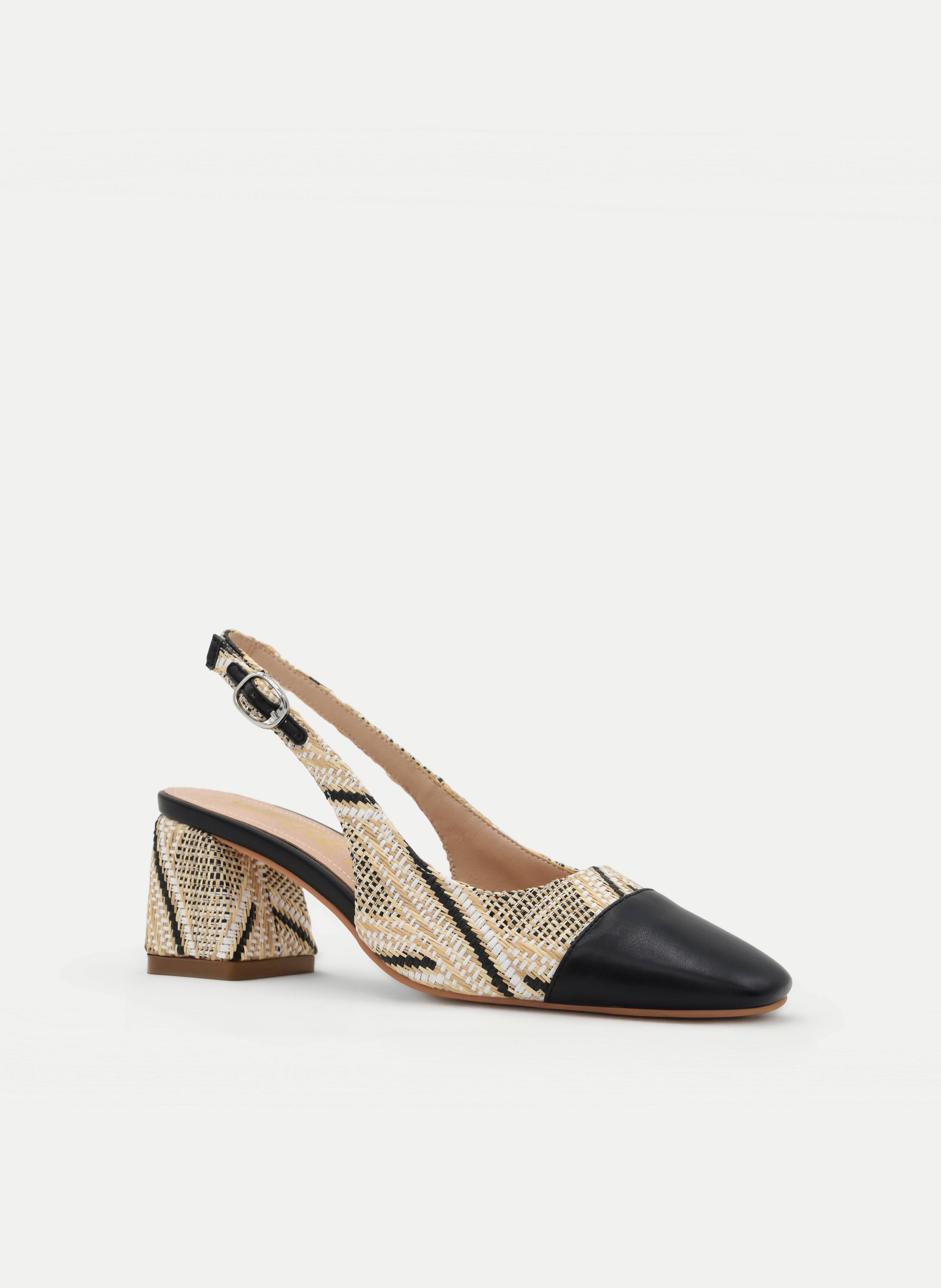 BEIGE AND BLACK OPEN-BACK MEDIUM HEEL SHOES