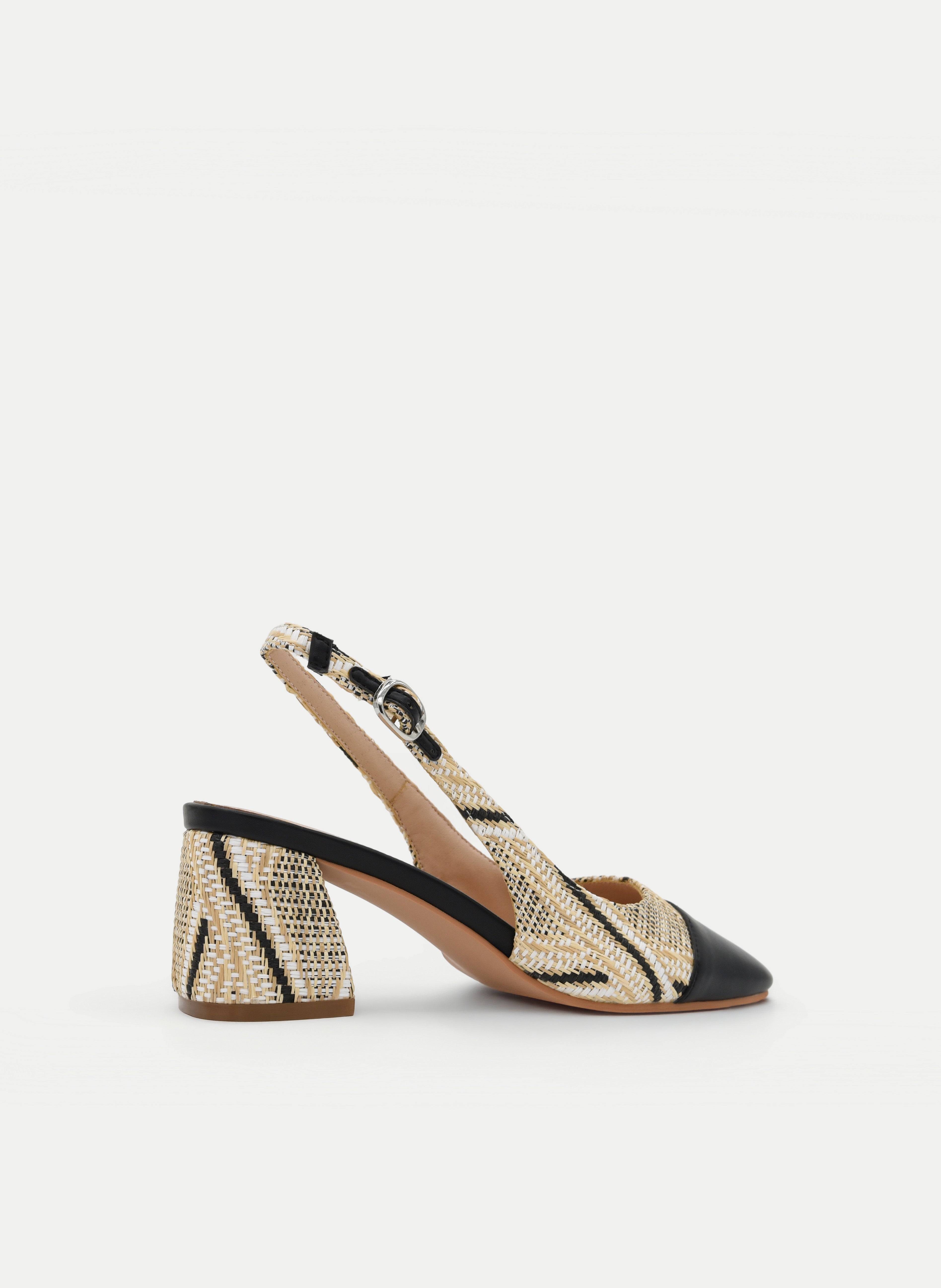 BEIGE AND BLACK OPEN-BACK MEDIUM HEEL SHOES
