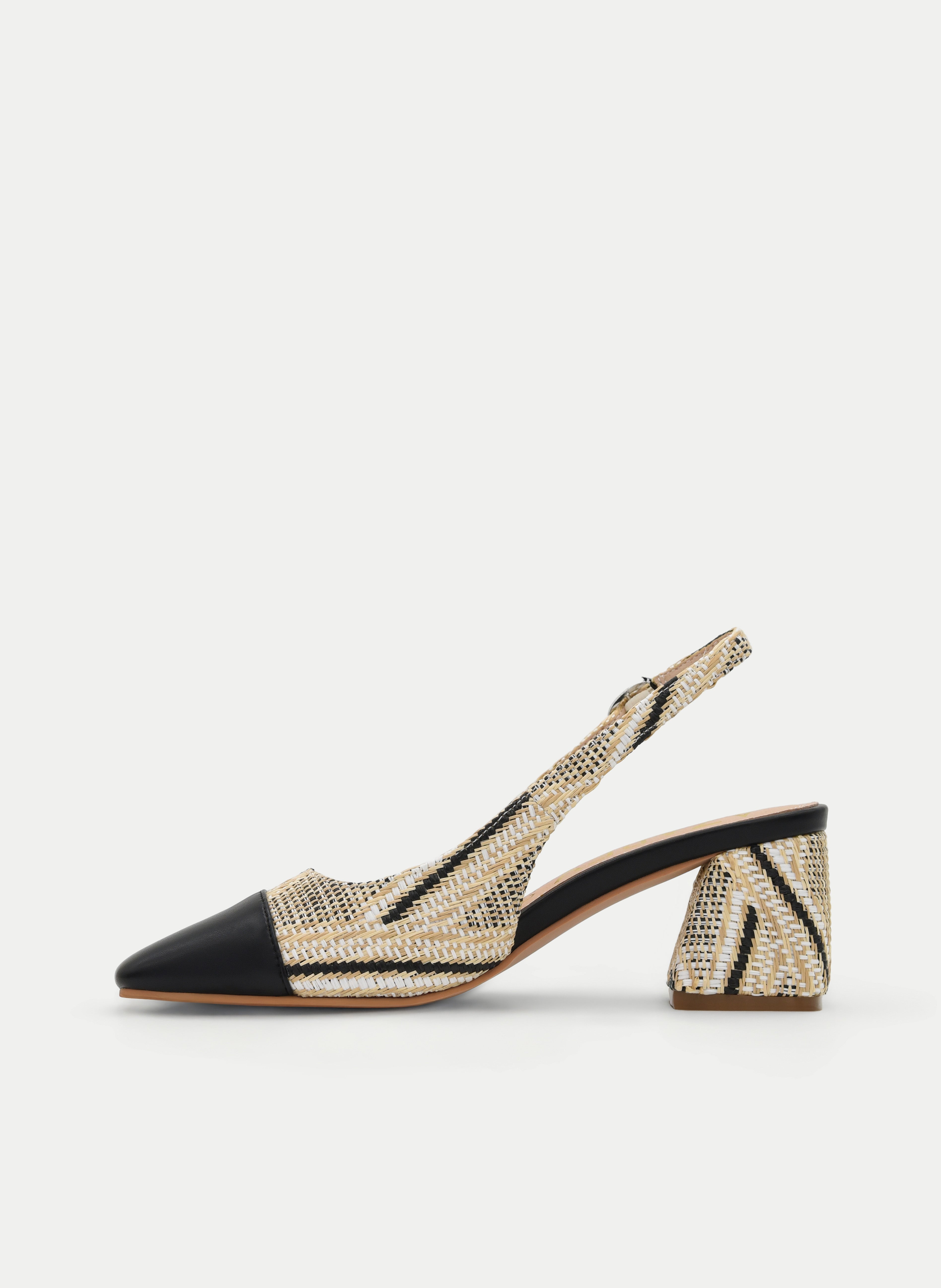 BEIGE AND BLACK OPEN-BACK MEDIUM HEEL SHOES