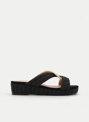 Black and beige raffia flatform sandals