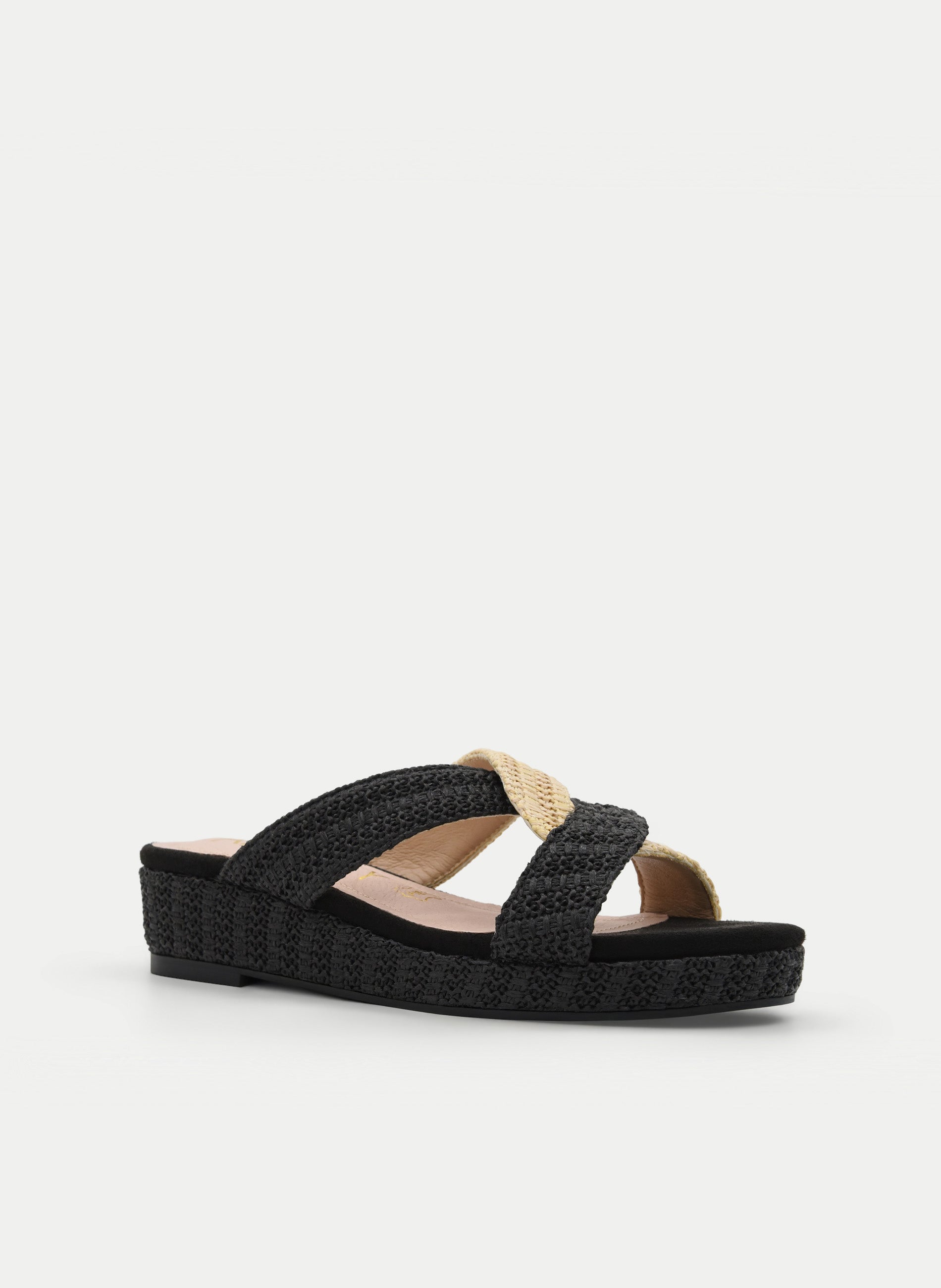 Black and beige raffia flatform sandals