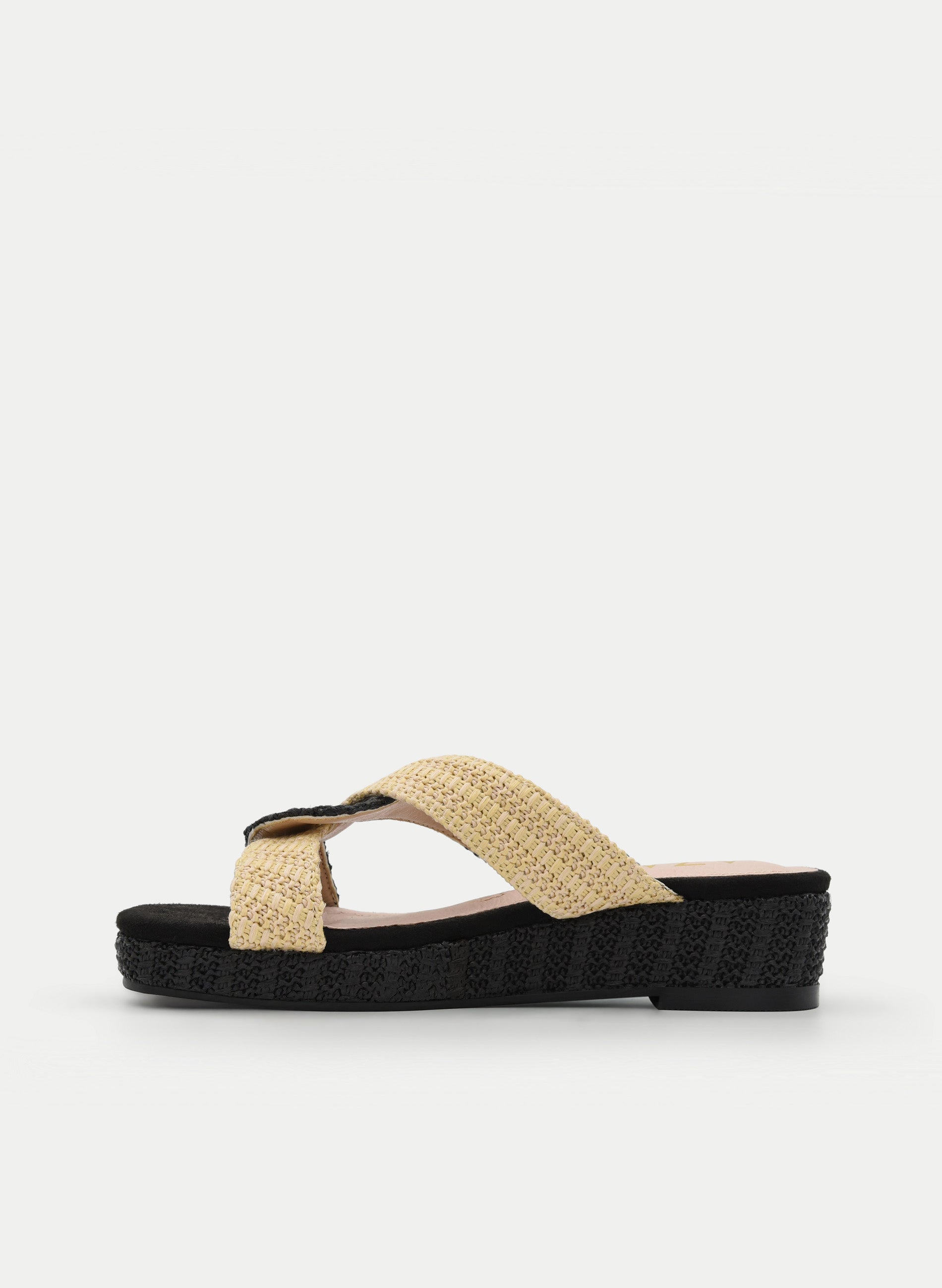 Black and beige raffia flatform sandals