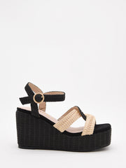 Black and beige raffia wedge sandals with platform