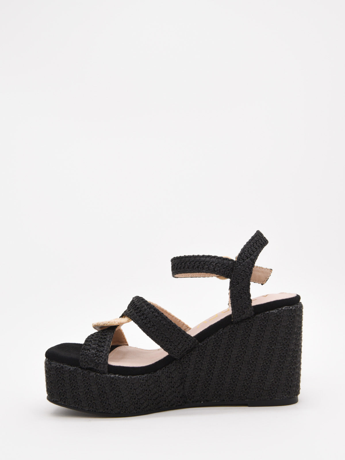 Sandalias de cuña en rafia negra y beige con plataforma