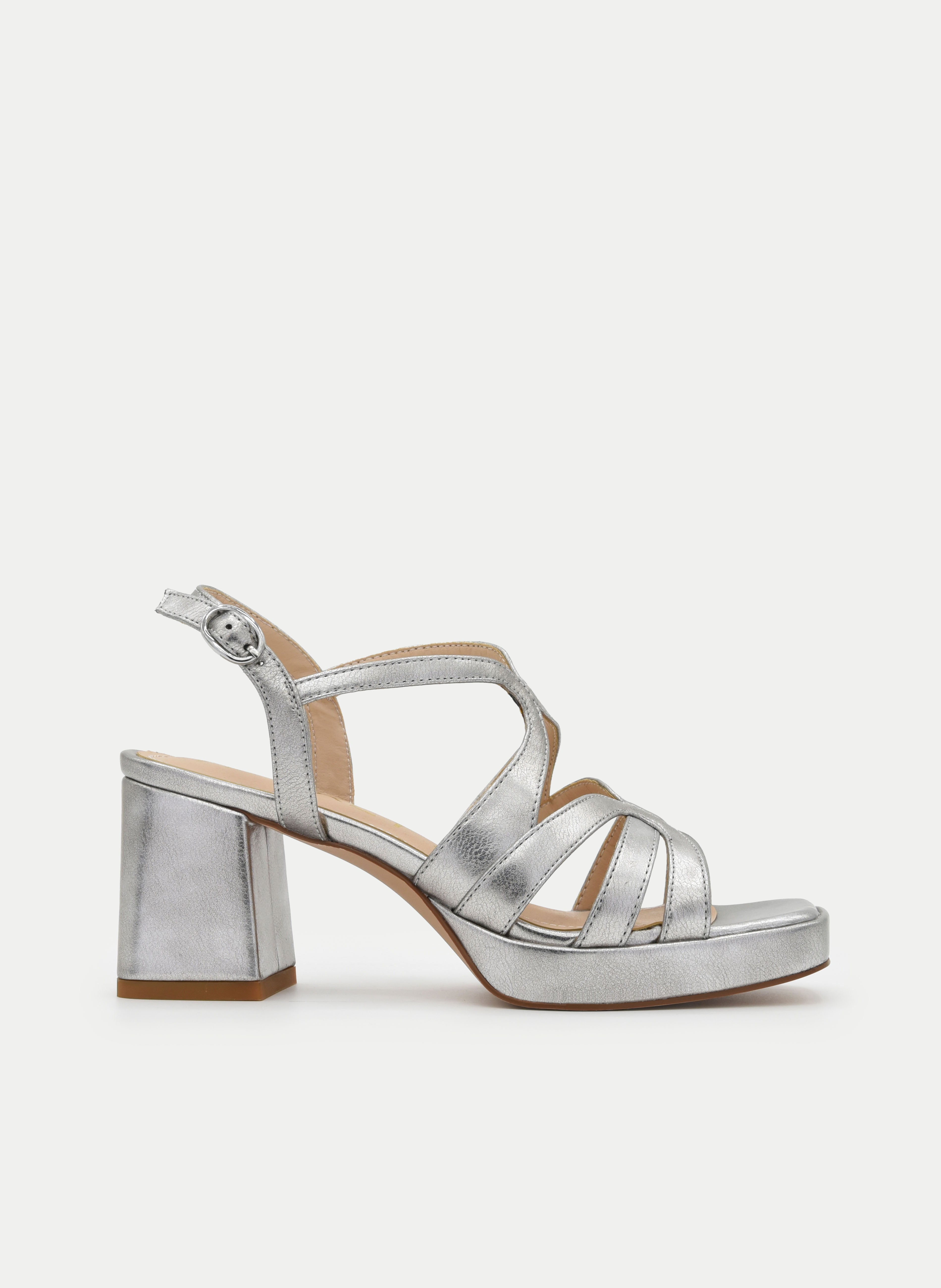 METALLIC SILVER PLATFORM SANDAL WITH BLOCK HEEL AND ORGANIC STRAPS