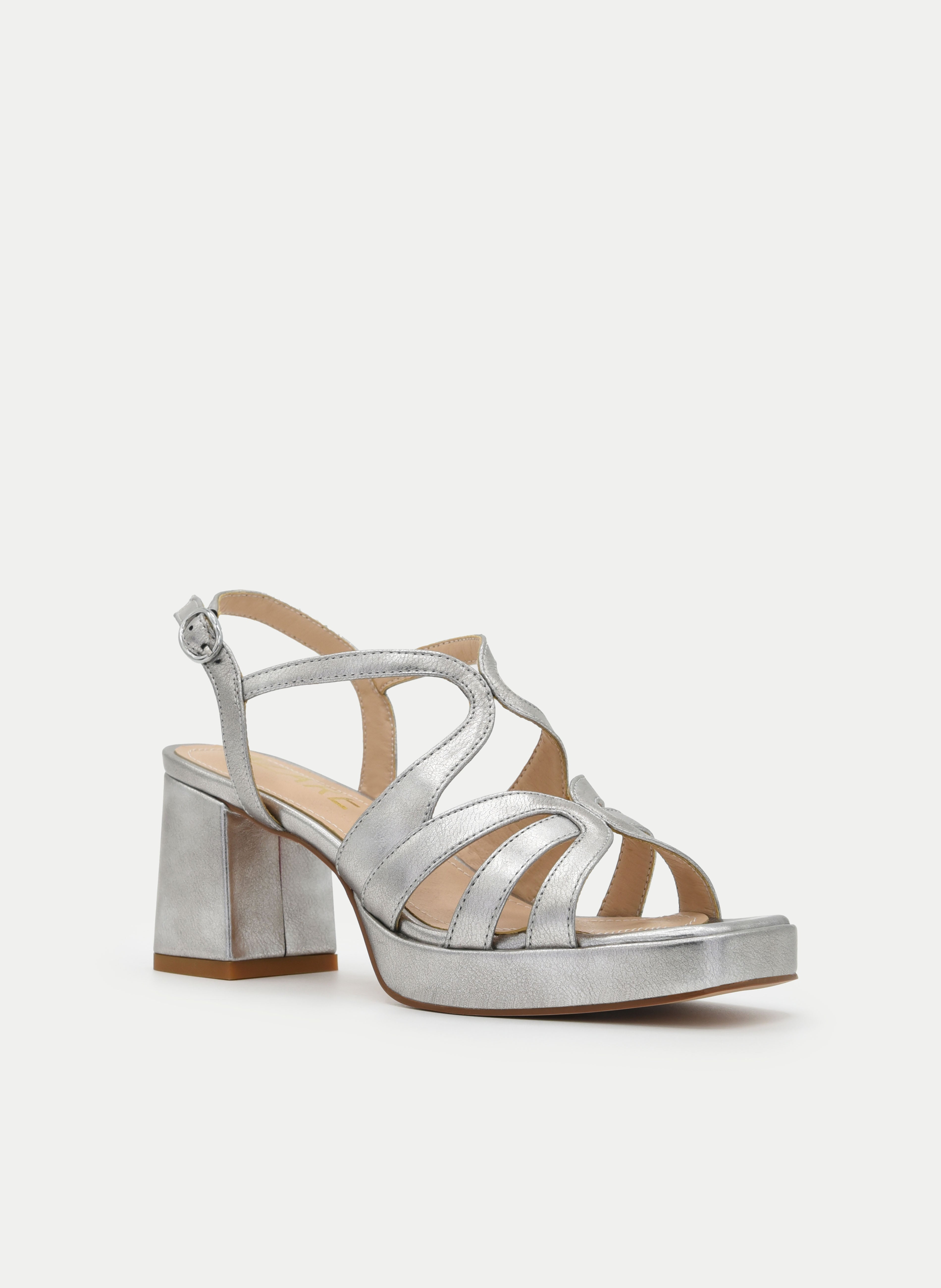 METALLIC SILVER PLATFORM SANDAL WITH BLOCK HEEL AND ORGANIC STRAPS