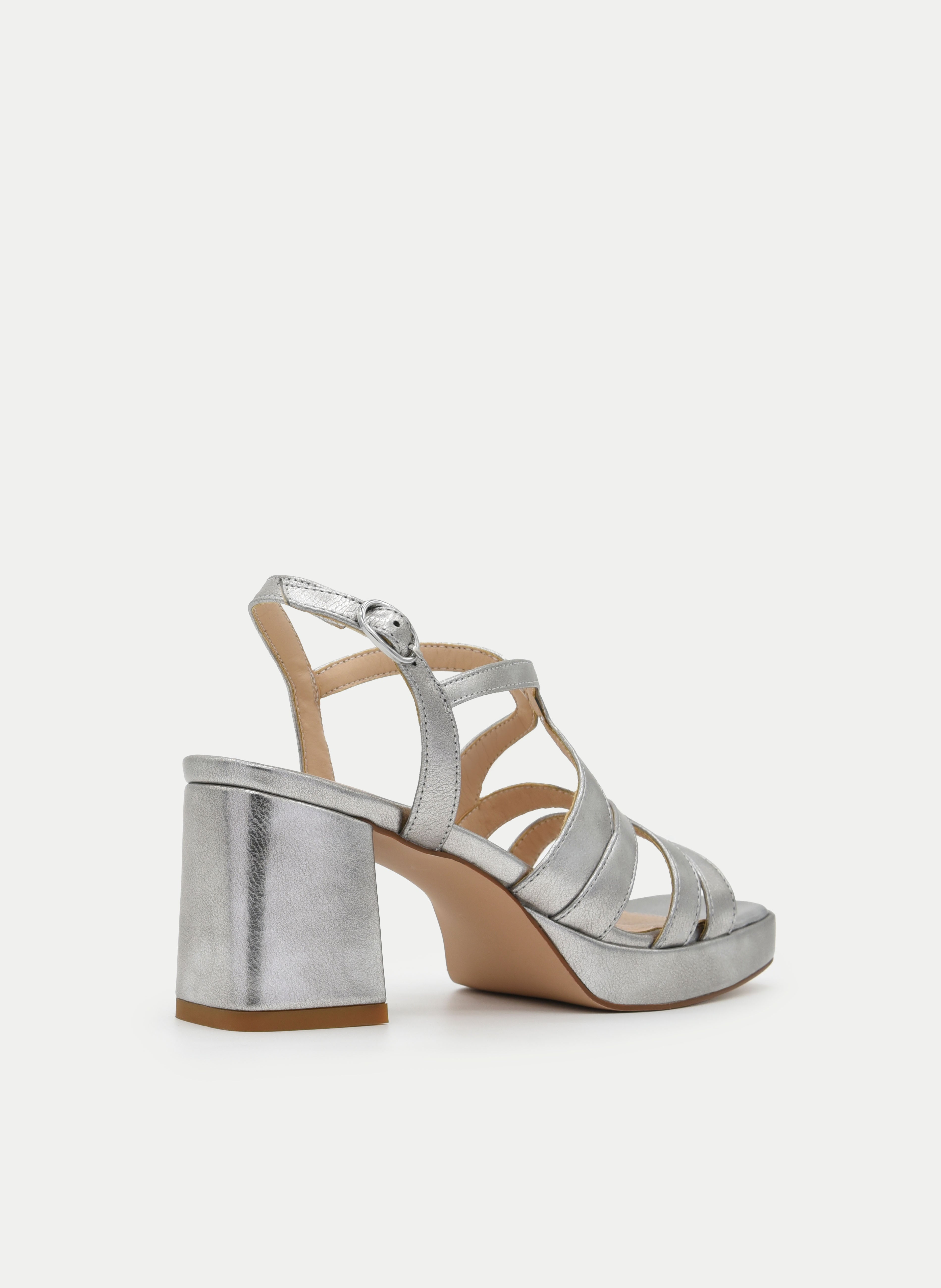 METALLIC SILVER PLATFORM SANDAL WITH BLOCK HEEL AND ORGANIC STRAPS