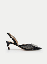 BLACK SLINGBACK SHOE WITH POLKA DOTS AND JEWEL BUCKLE