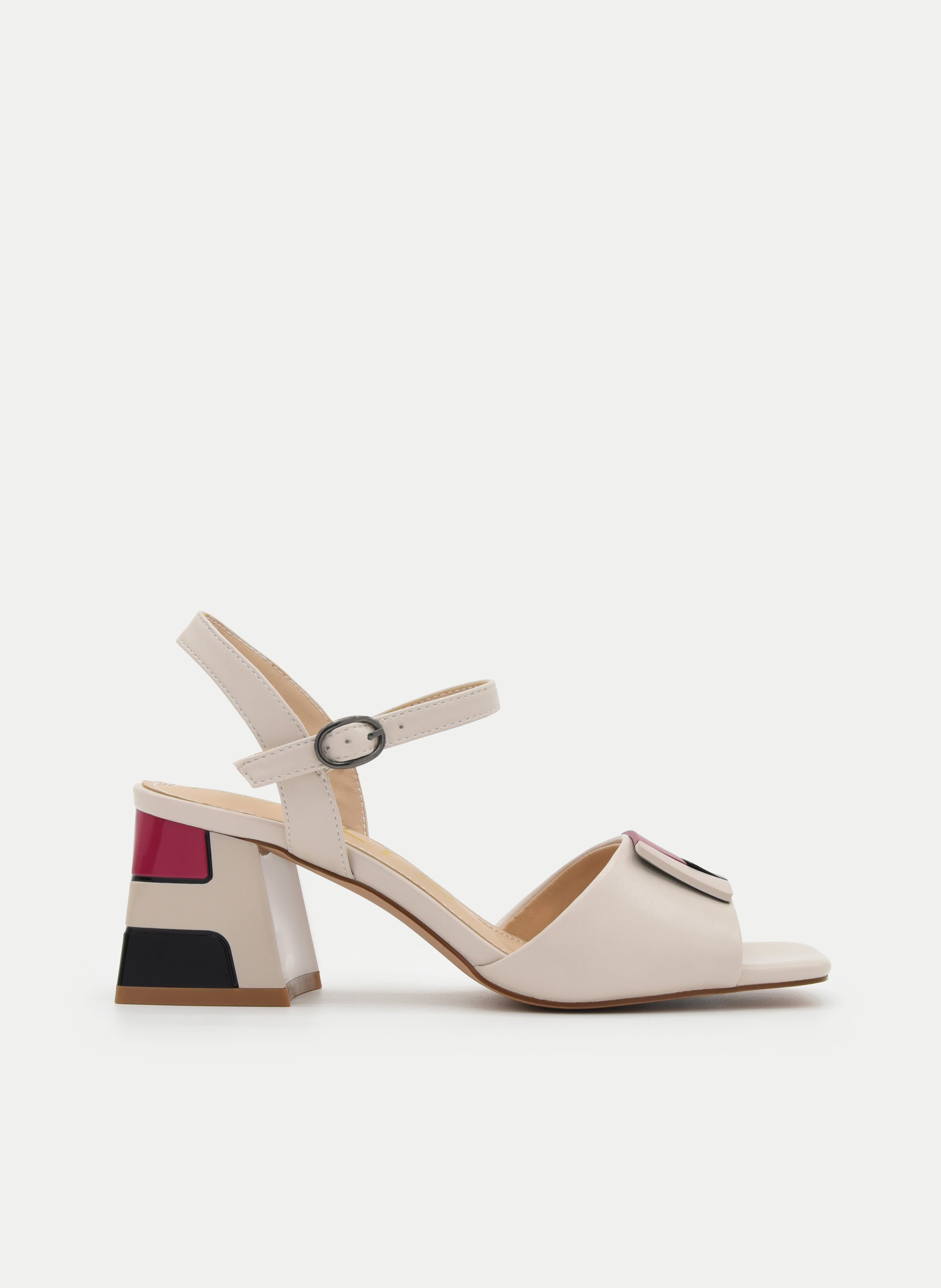 BEIGE WIDE HEEL SANDAL WITH GEOMETRIC DETAIL