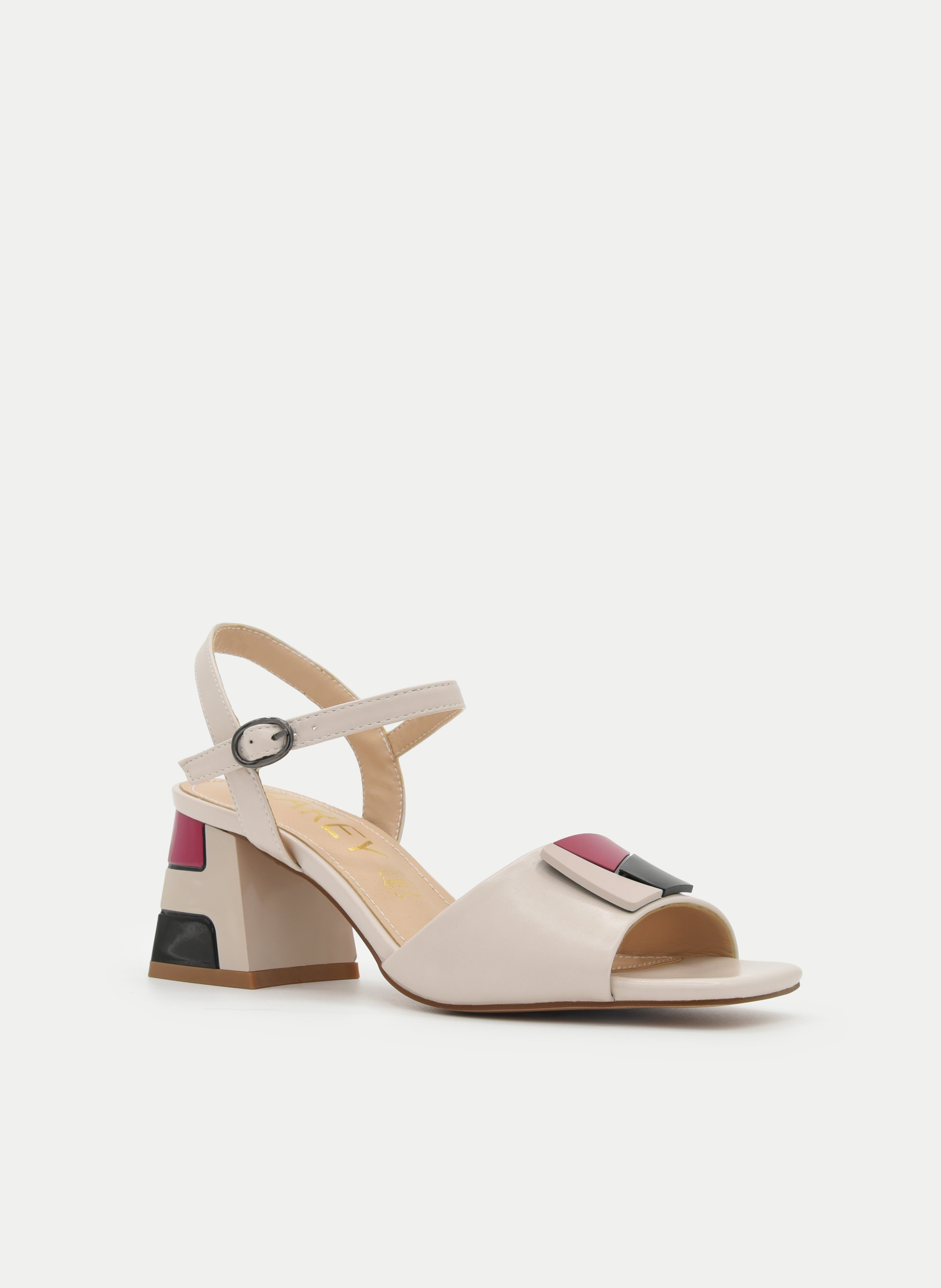 BEIGE WIDE HEEL SANDAL WITH GEOMETRIC DETAIL