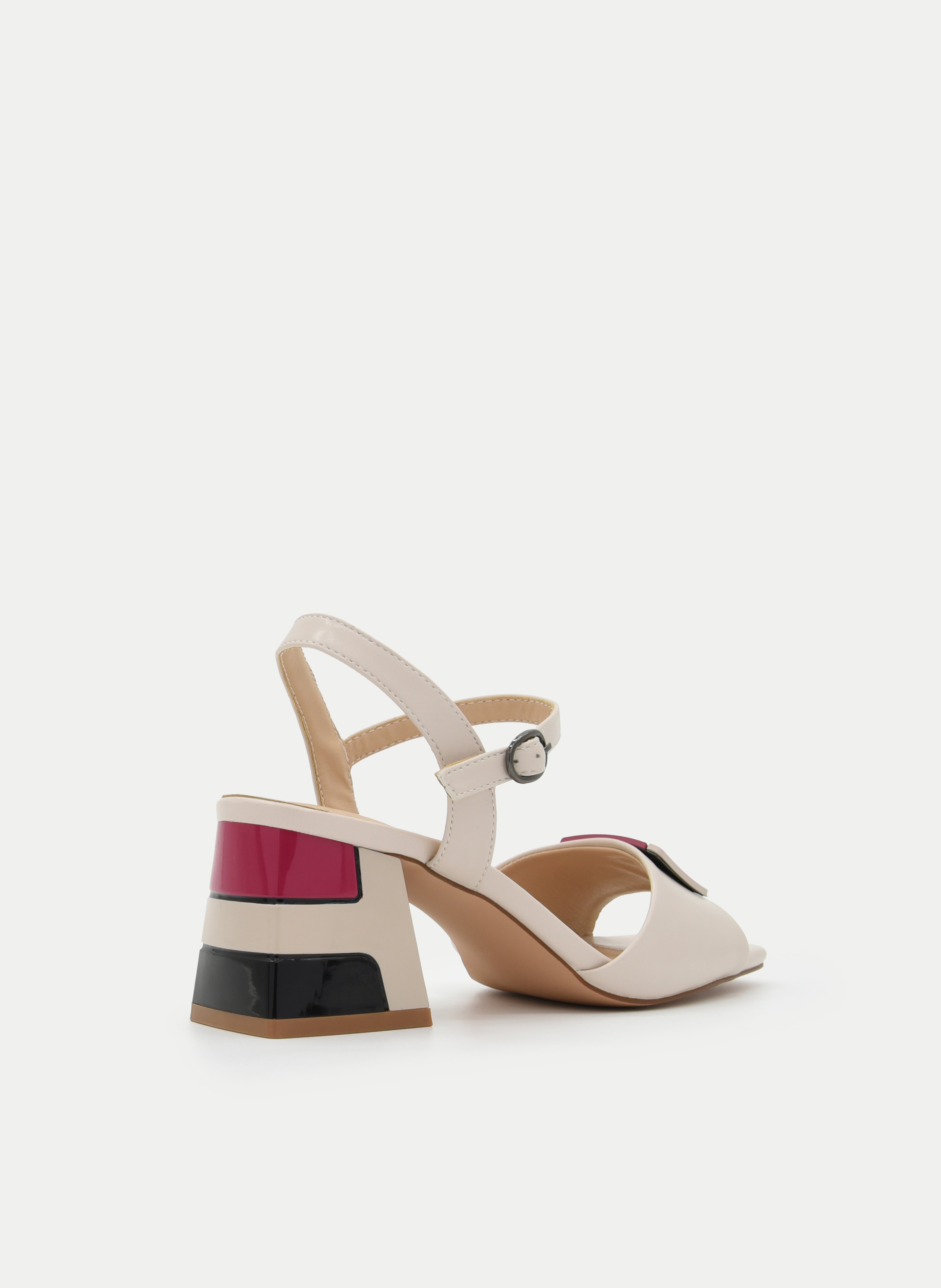 BEIGE WIDE HEEL SANDAL WITH GEOMETRIC DETAIL