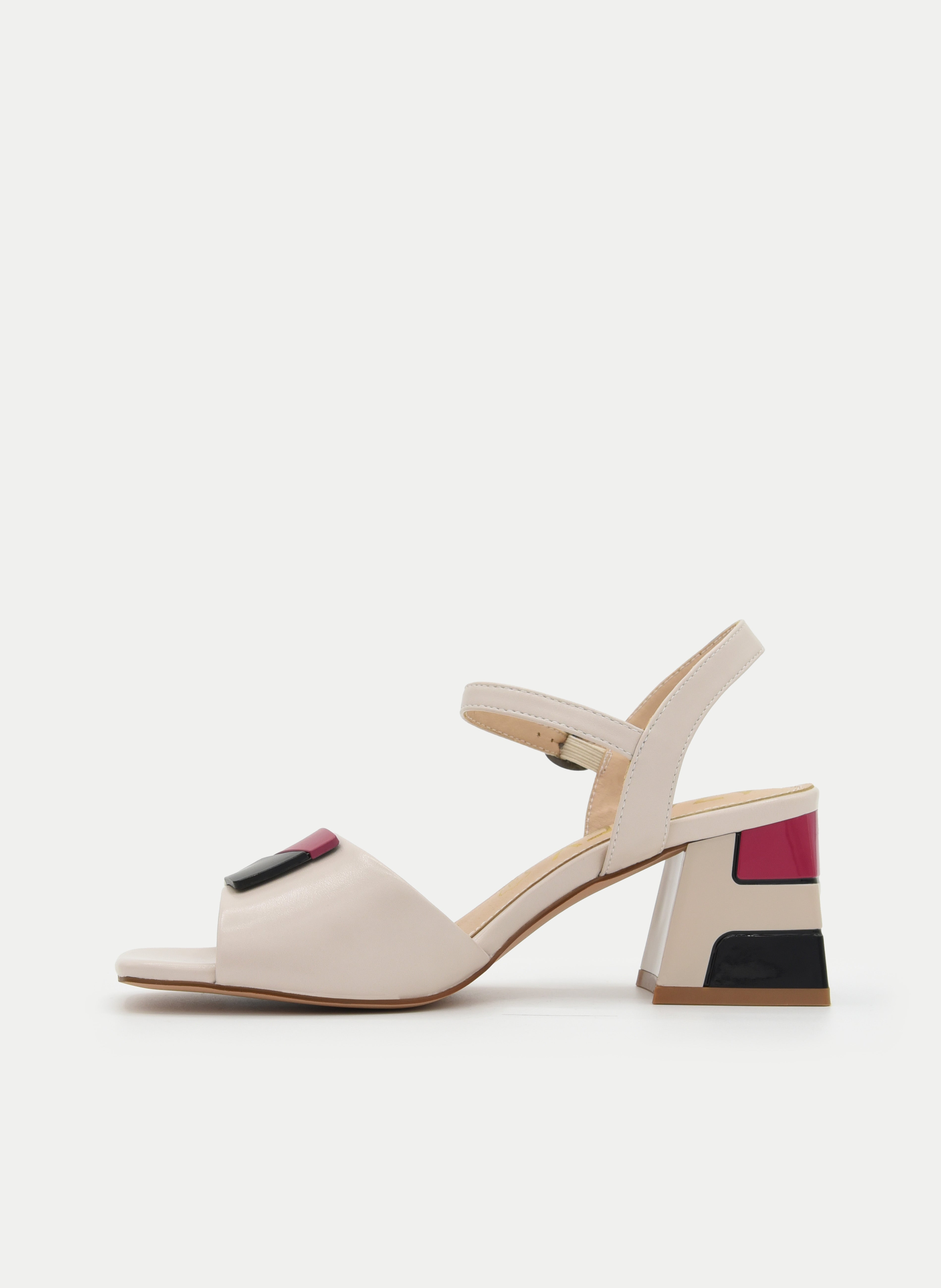 BEIGE WIDE HEEL SANDAL WITH GEOMETRIC DETAIL