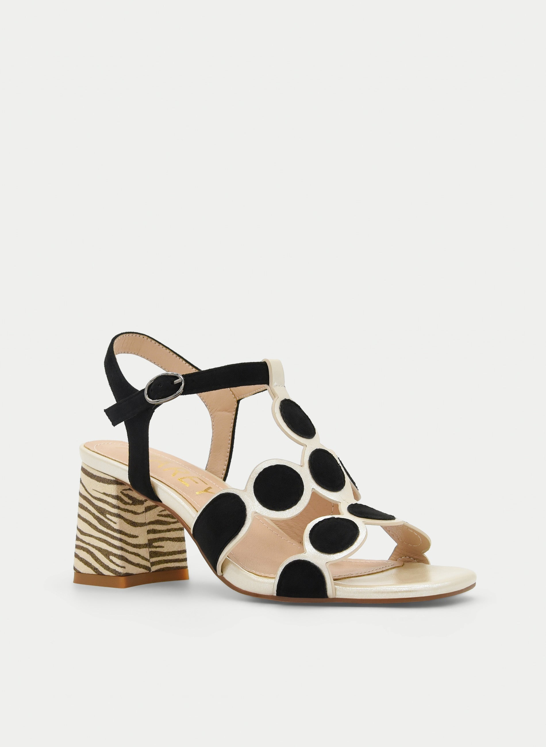 BLACK AND WHITE GEOMETRIC ANIMAL PRINT HEEL SANDAL