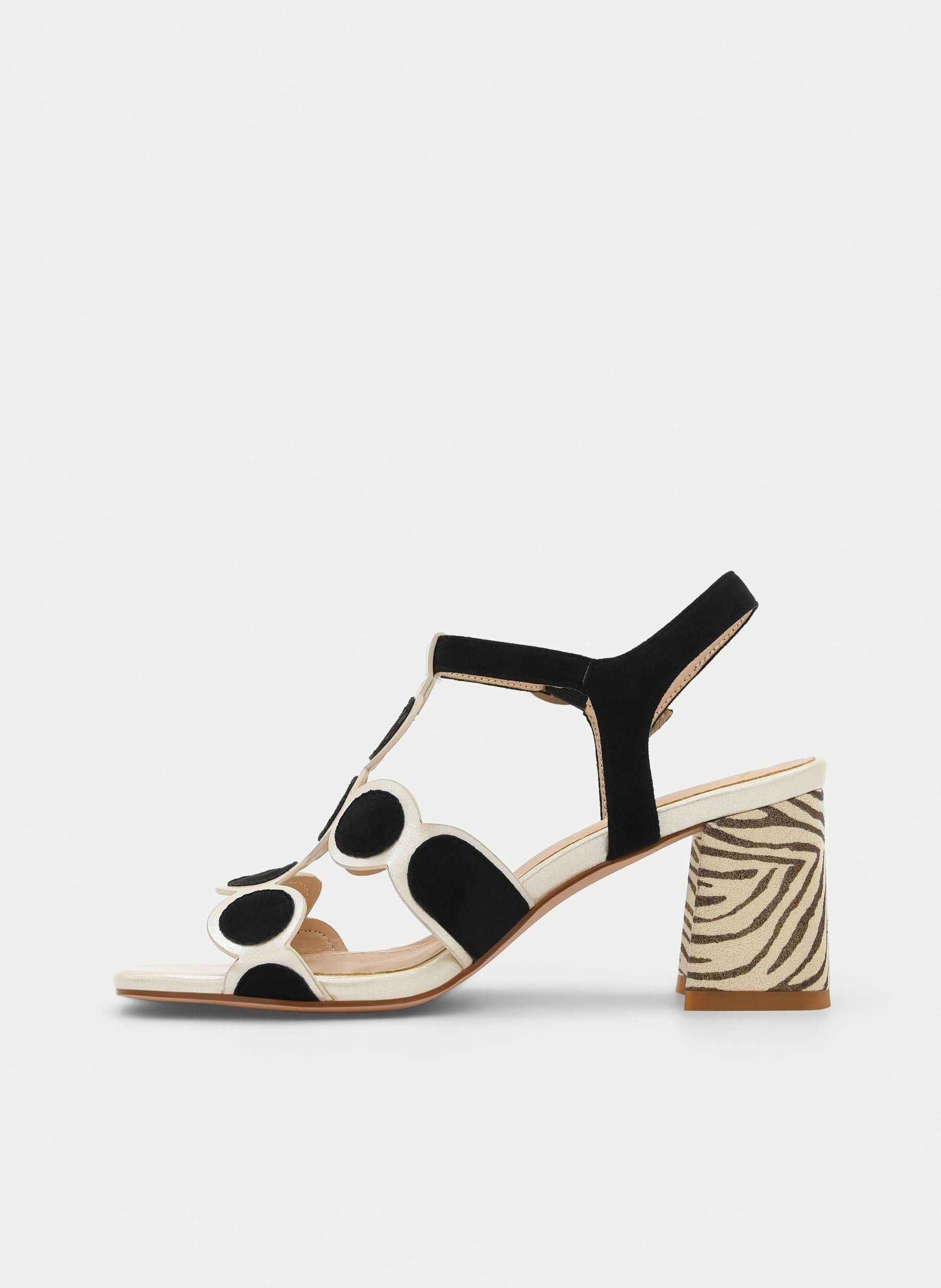 BLACK AND WHITE GEOMETRIC ANIMAL PRINT HEEL SANDAL