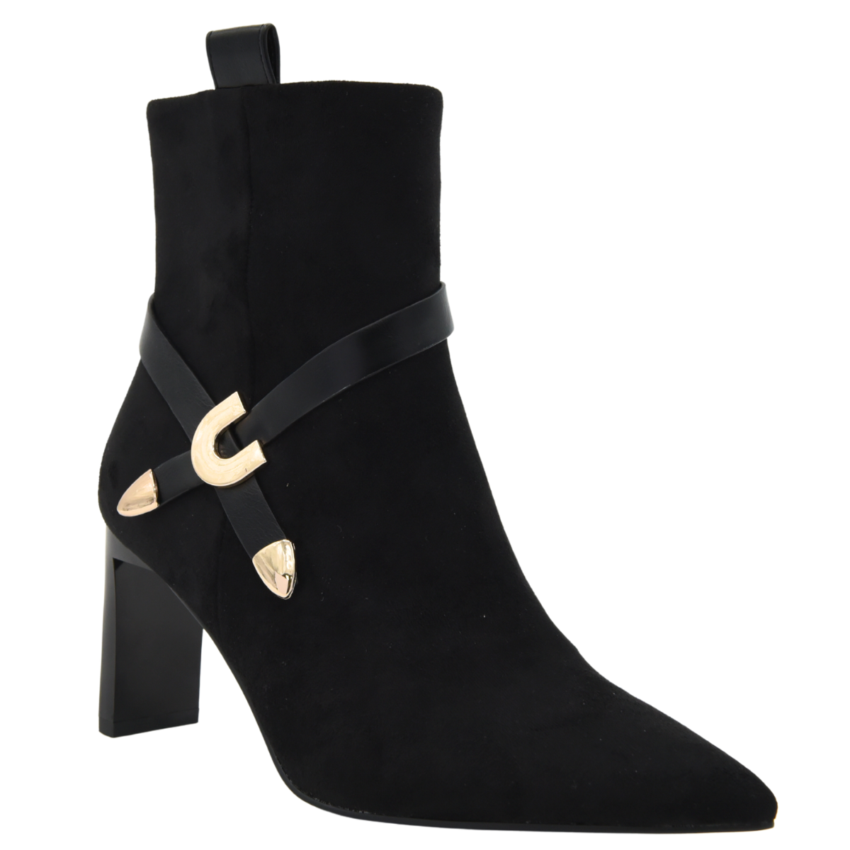 BLACK ANKLE BOOT HEEL WITH GOLD BUCKLE