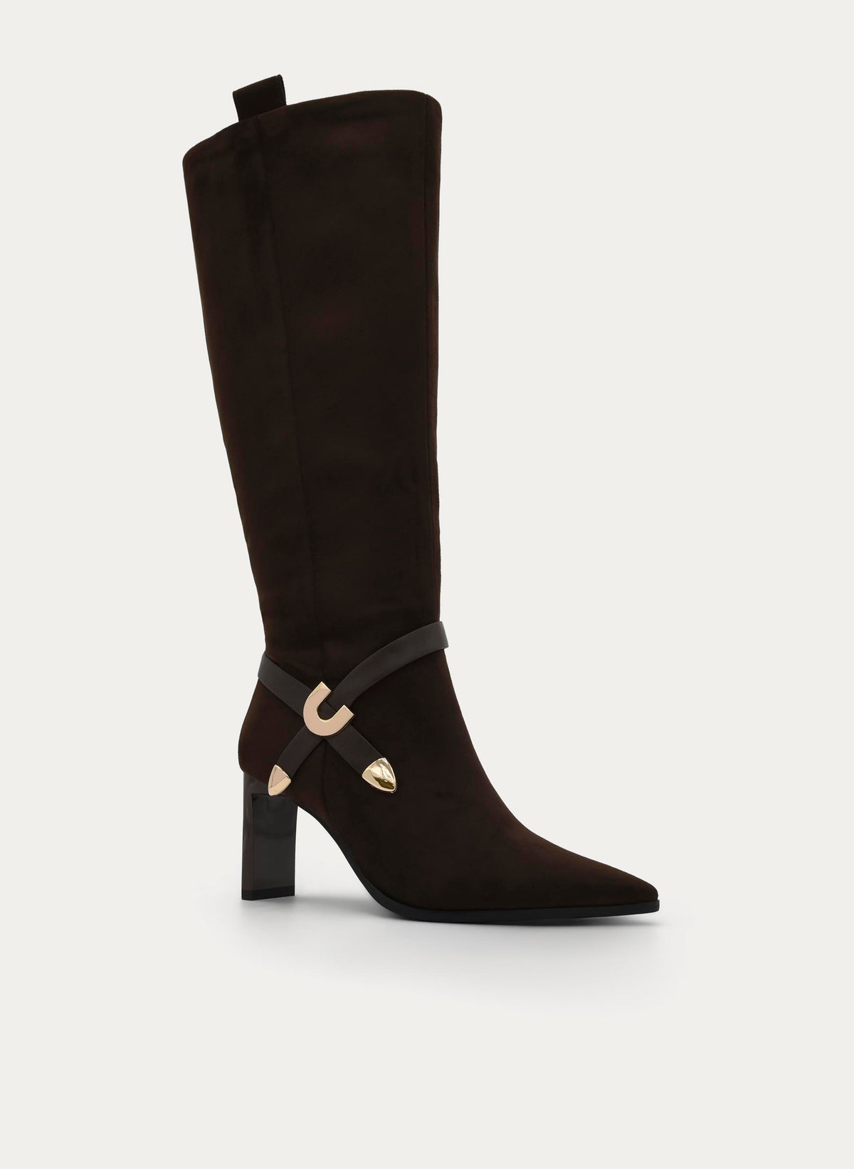 BOTA MARRÓN TACÓN CON DETALLE HEBILLA DORADA