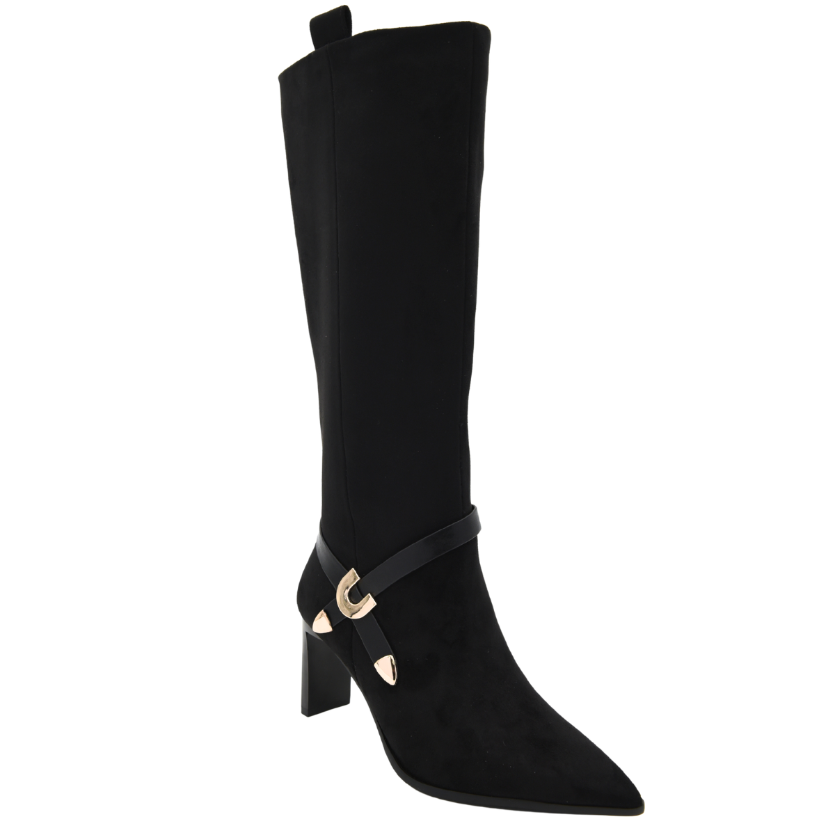 BLACK BOOT HEEL WITH GOLD BUCKLE DETAIL