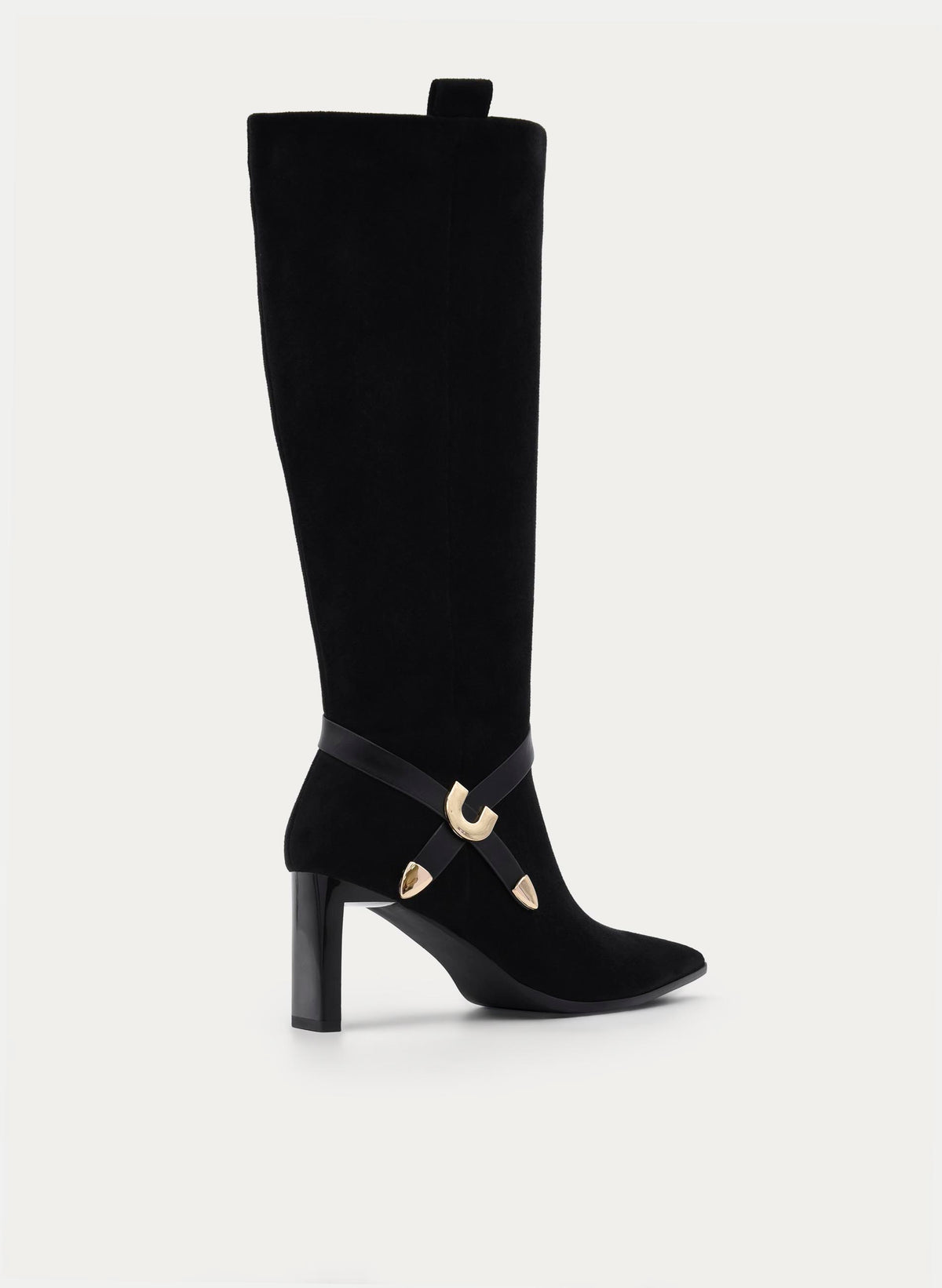 BLACK BOOT HEEL WITH GOLD BUCKLE DETAIL