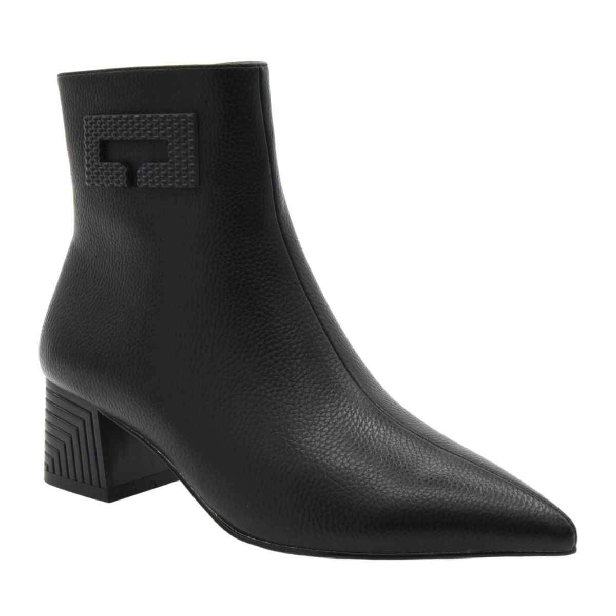 BLACK ANKLE BOOTS WITH GEOMETRIC HEEL AND SHAFT ORNAMENT