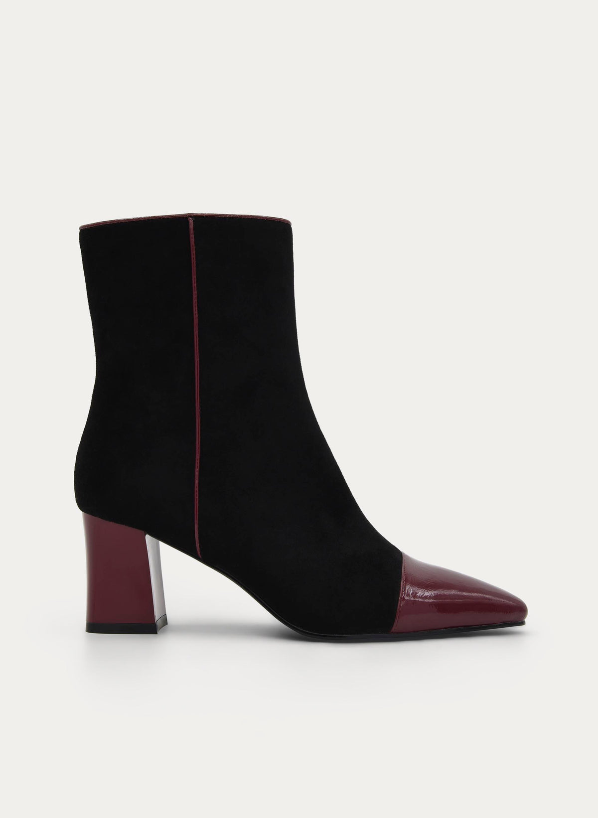BLACK BURGUNDY WIDE HEEL BOOT ZIPPER