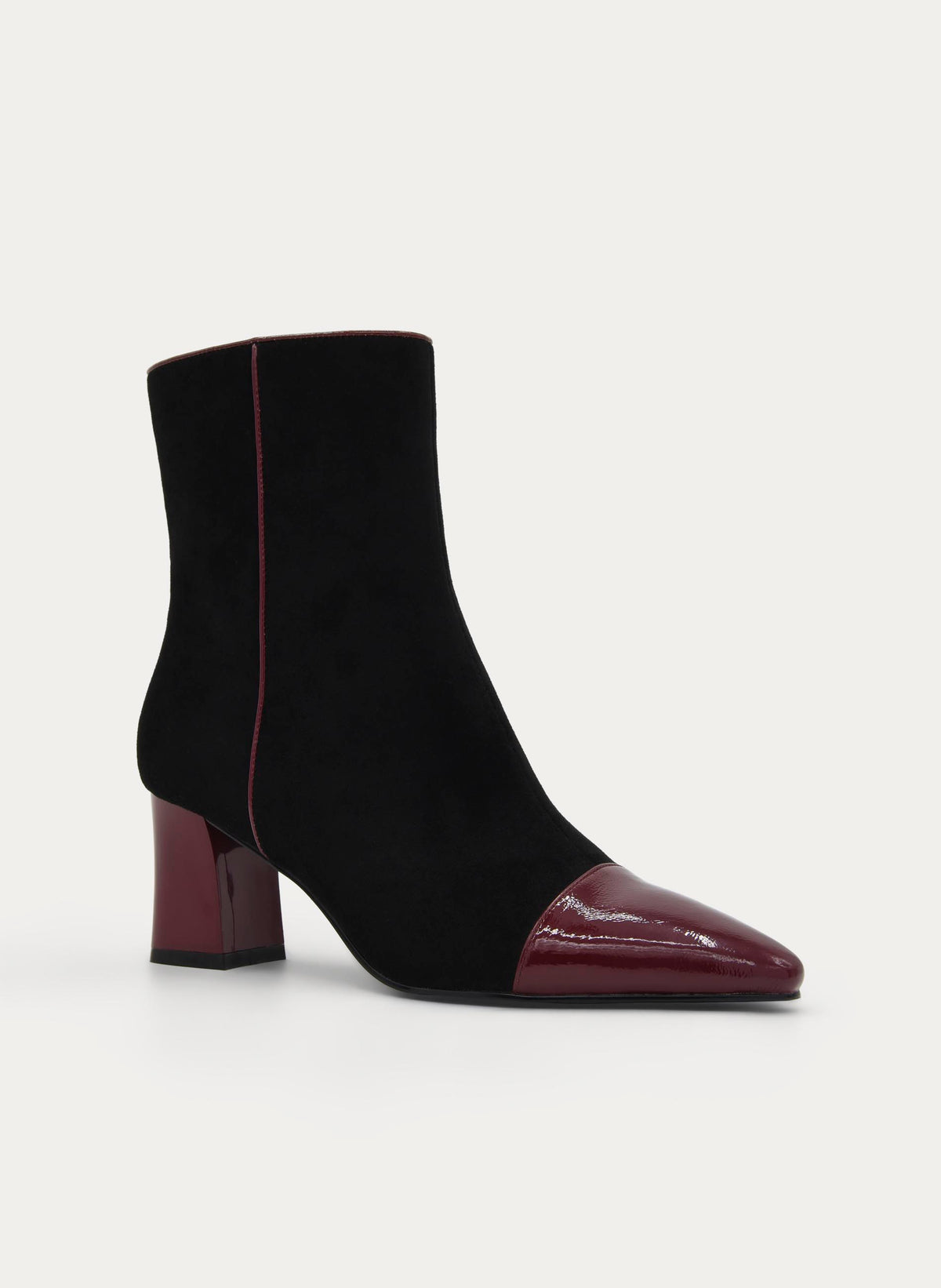 BLACK BURGUNDY WIDE HEEL BOOT ZIPPER