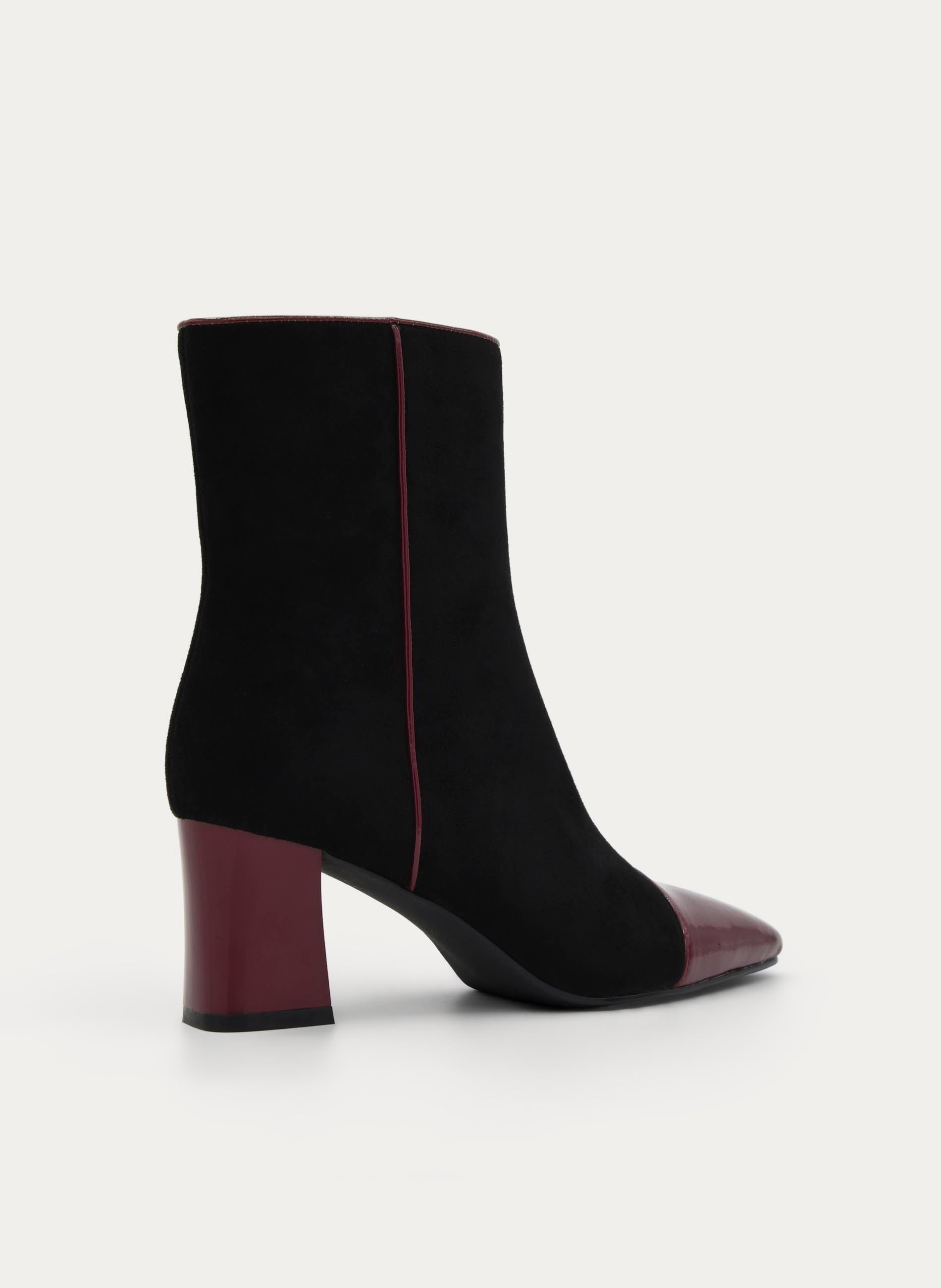 BLACK BURGUNDY WIDE HEEL BOOT ZIPPER