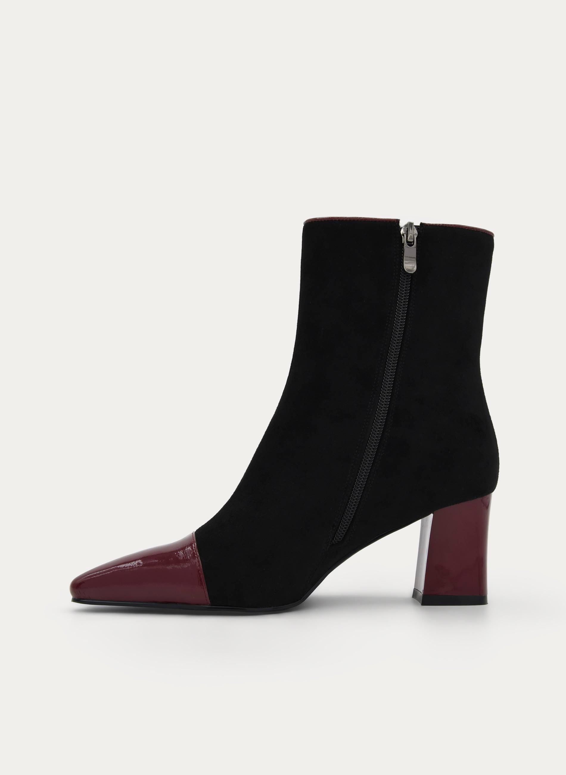 BLACK BURGUNDY WIDE HEEL BOOT ZIPPER