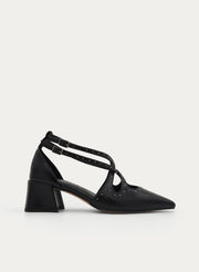 BLACK SALON SHOE STRAPS STUDS BLOCK HEEL