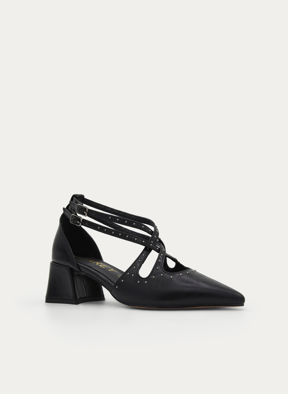 BLACK SALON SHOE STRAPS STUDS BLOCK HEEL