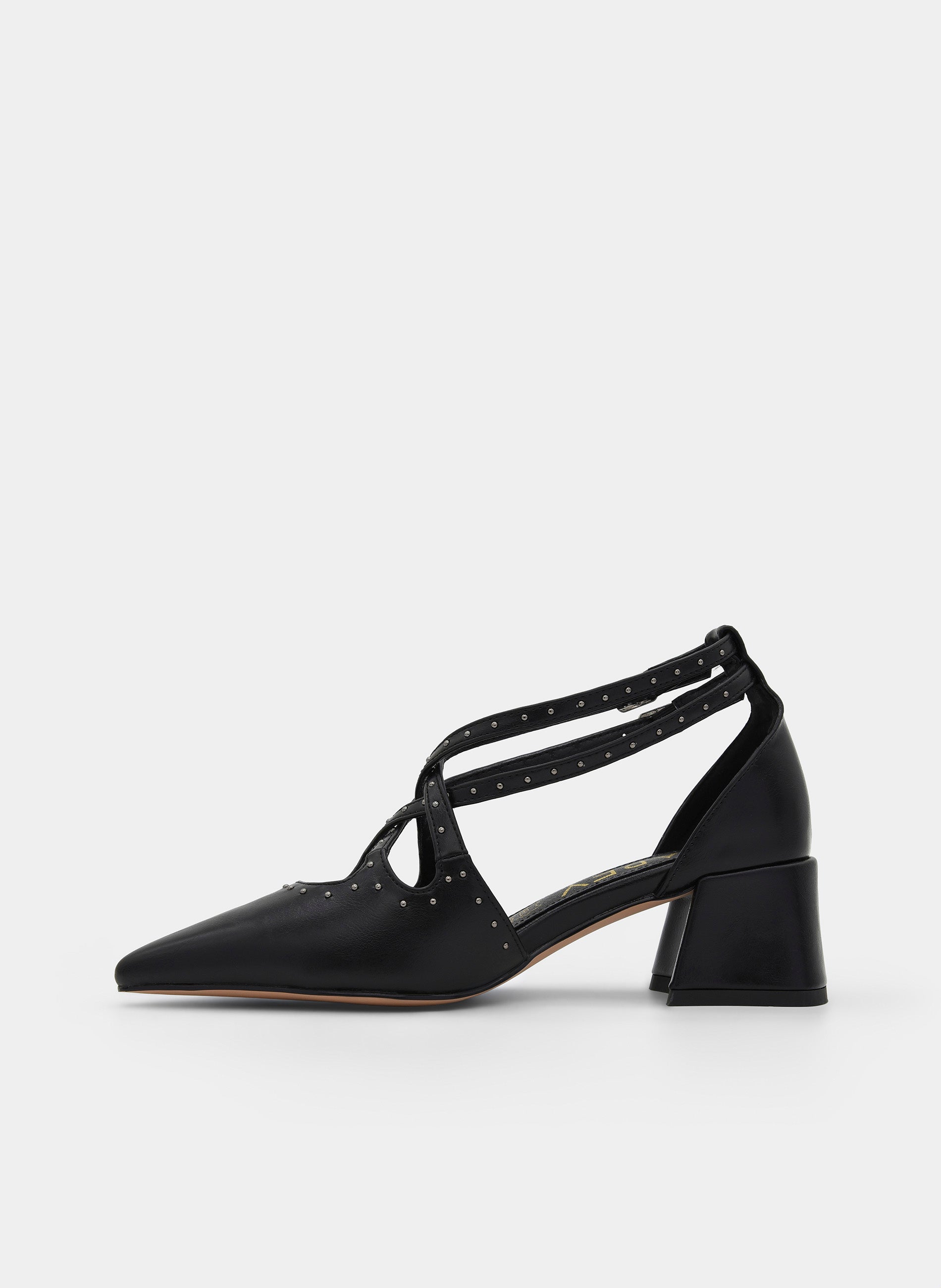 BLACK SALON SHOE STRAPS STUDS BLOCK HEEL