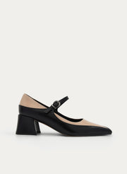 BLACK AND BEIGE WIDE HEEL BRACELET PUMP