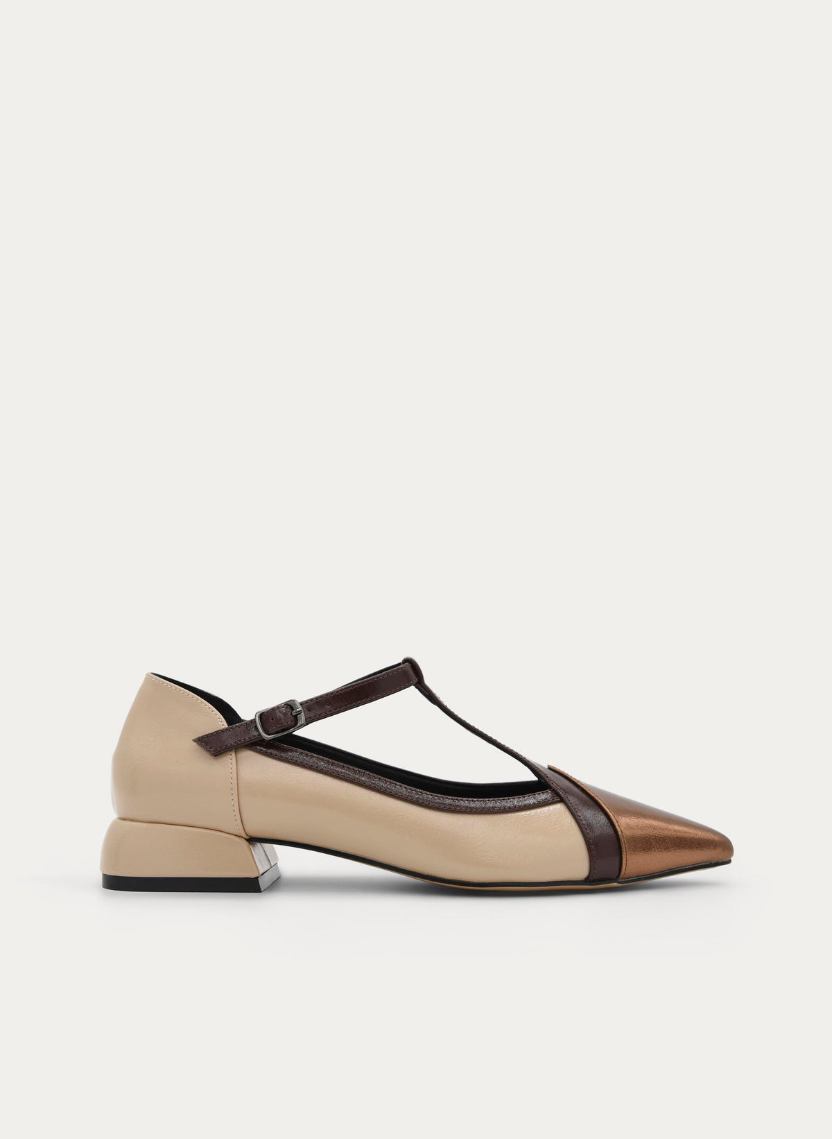 BEIGE AND GOLD MARY JANE SHOE LOW HEEL