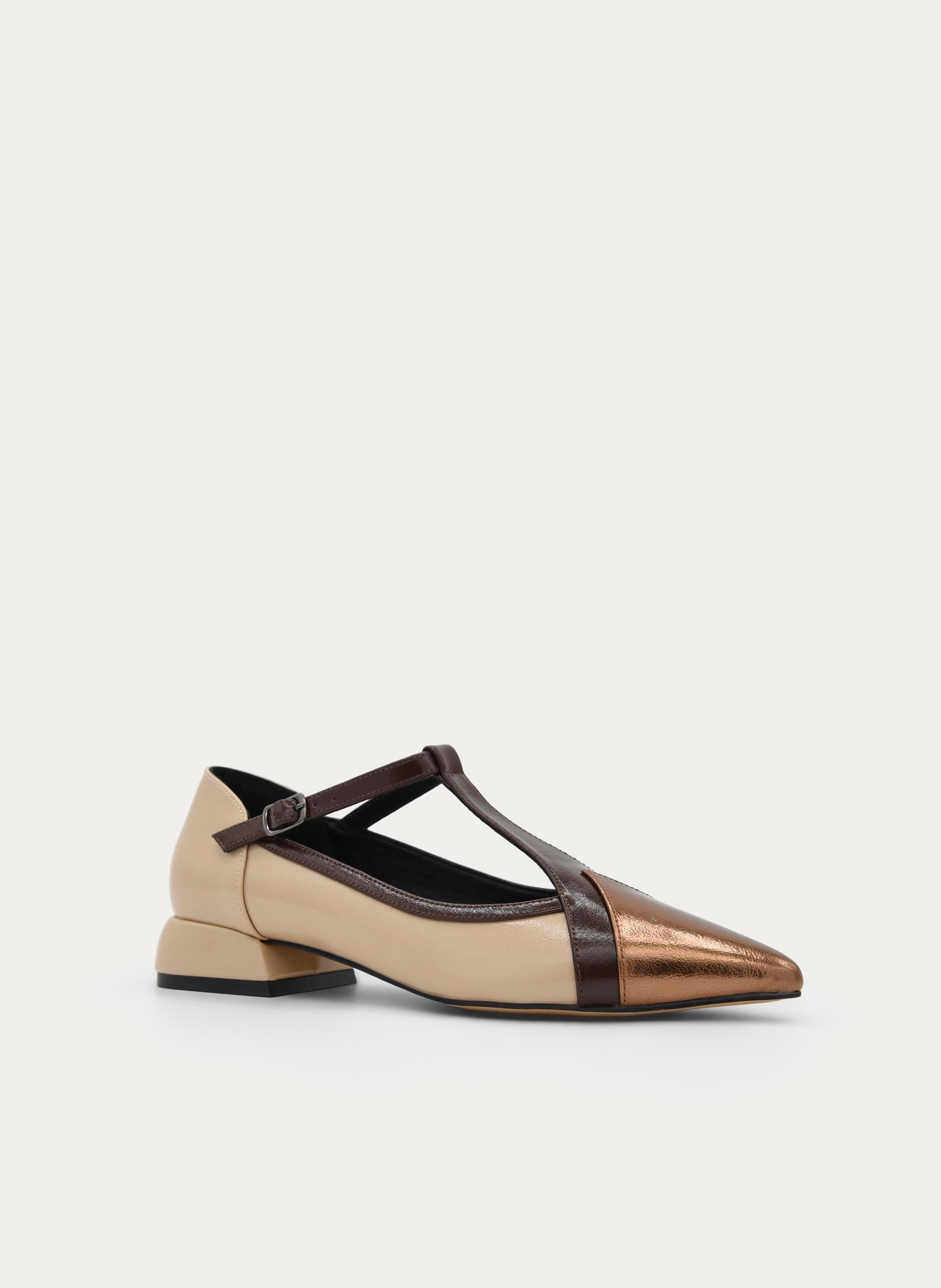 BEIGE AND GOLD MARY JANE SHOE LOW HEEL