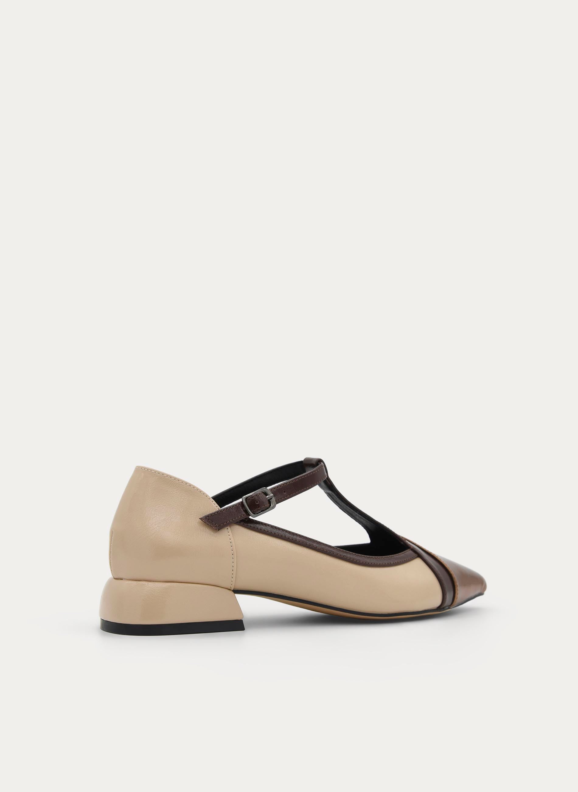 BEIGE AND GOLD MARY JANE SHOE LOW HEEL