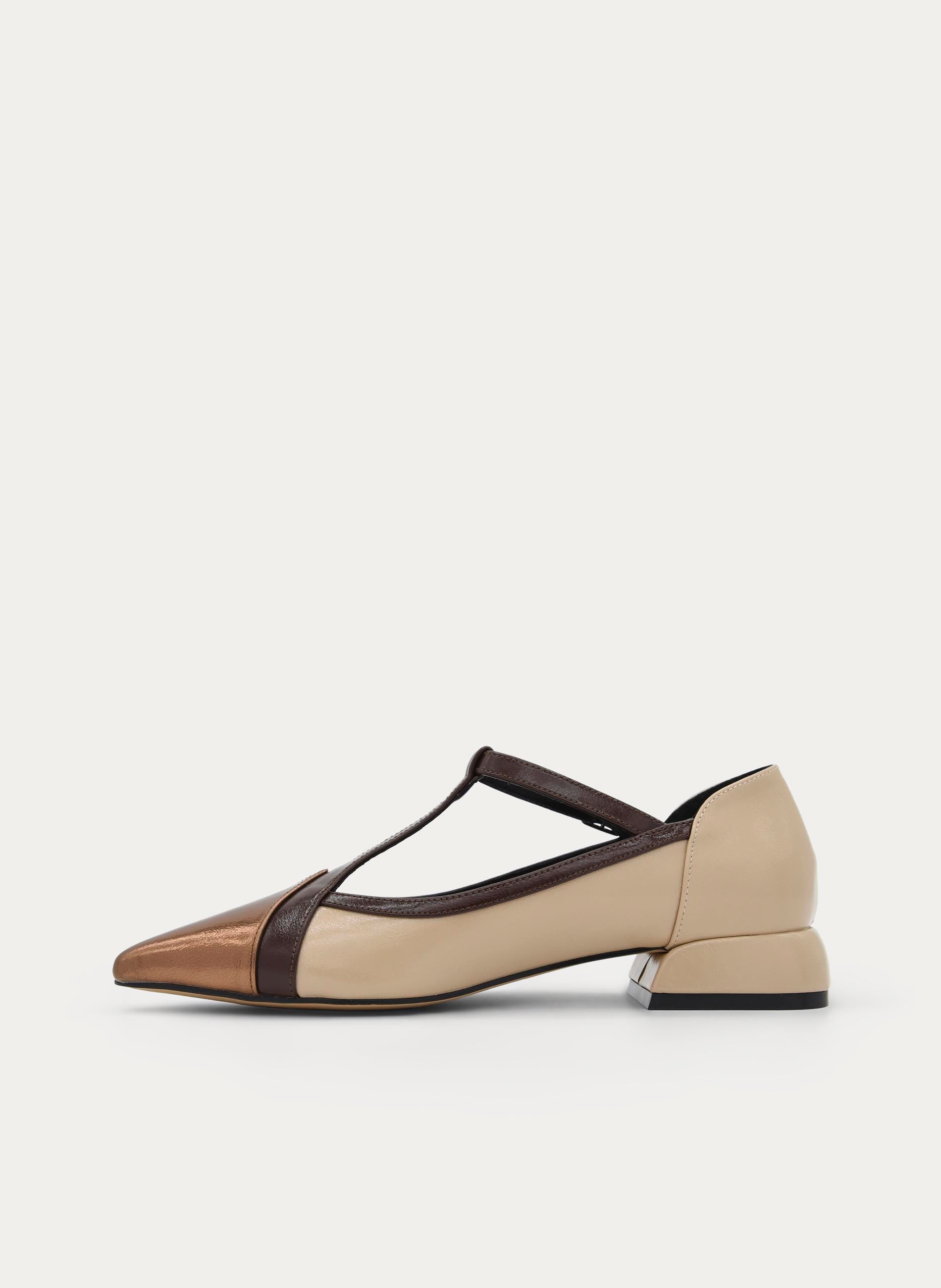BEIGE AND GOLD MARY JANE SHOE LOW HEEL
