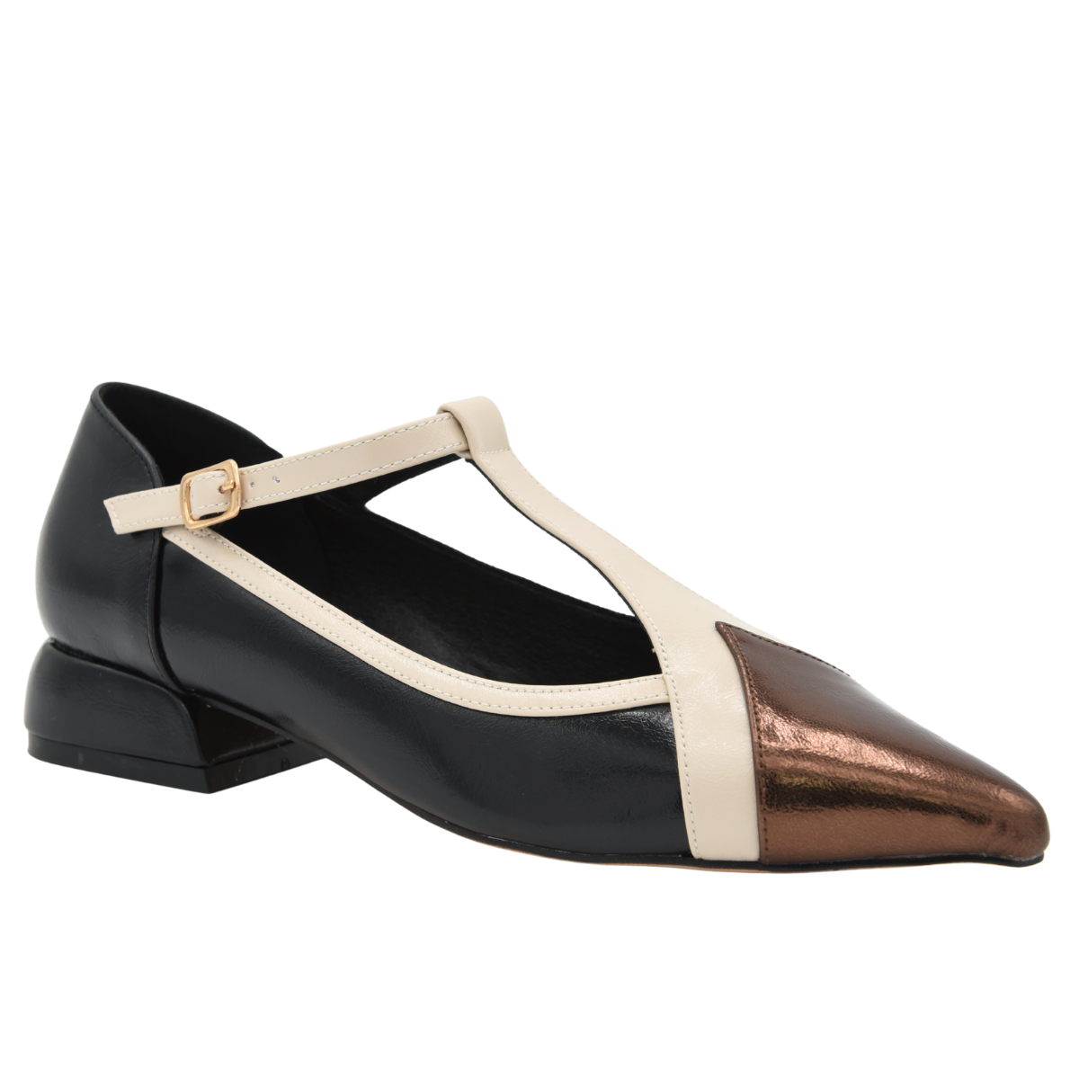 ZAPATO MARY JANE NEGRO Y BRONCE TACÓN BAJO
