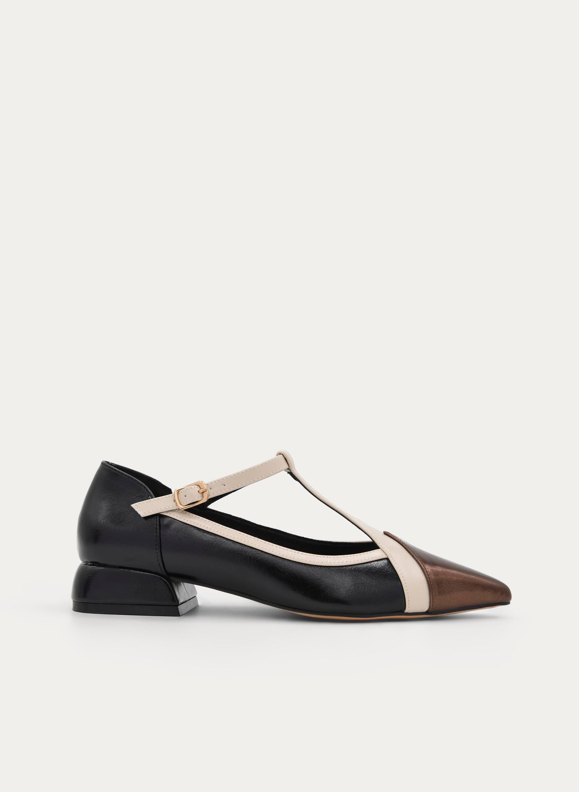 BLACK AND BRONZE LOW HEEL MARY JANE SHOE
