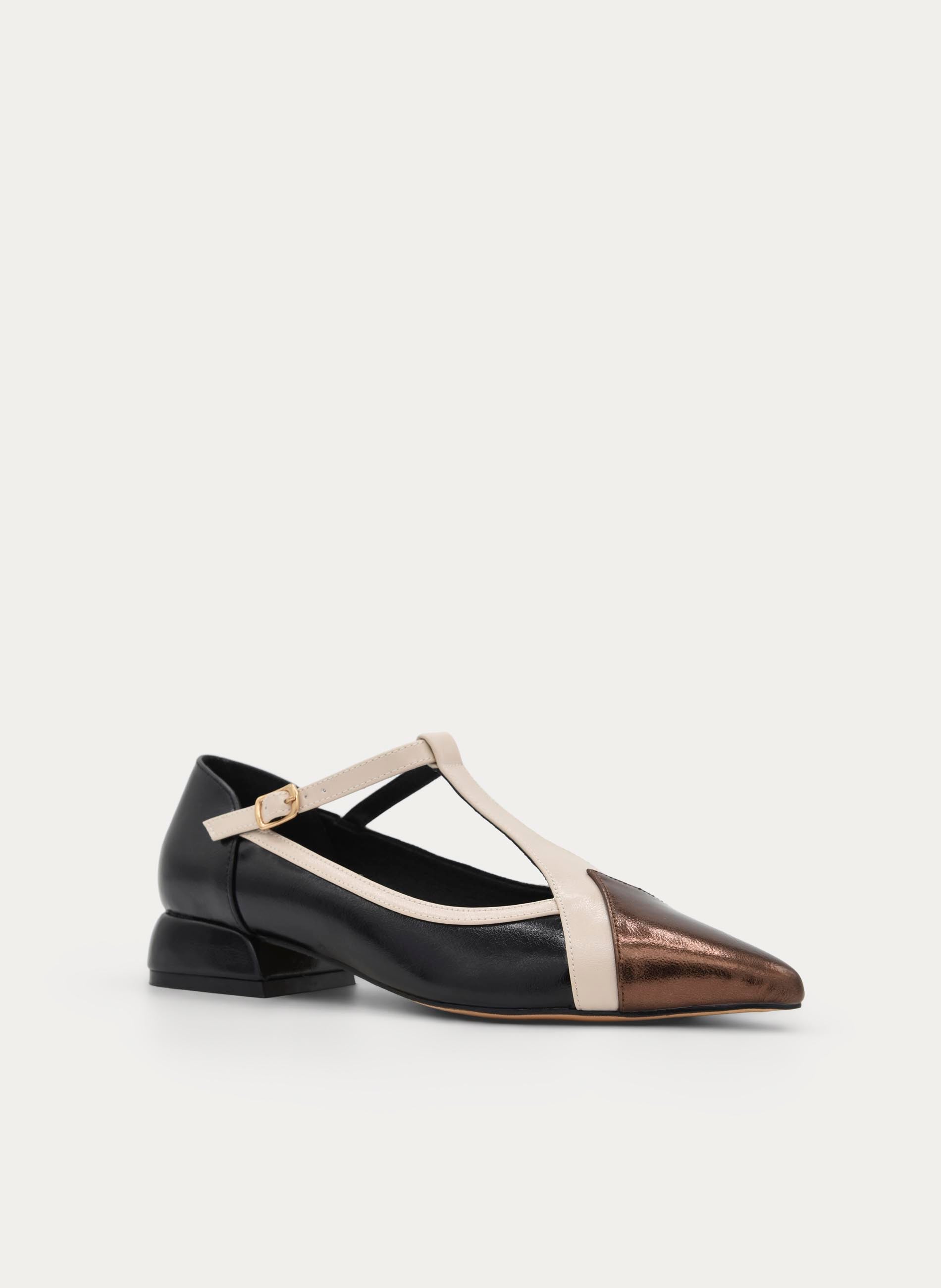 BLACK AND BRONZE LOW HEEL MARY JANE SHOE