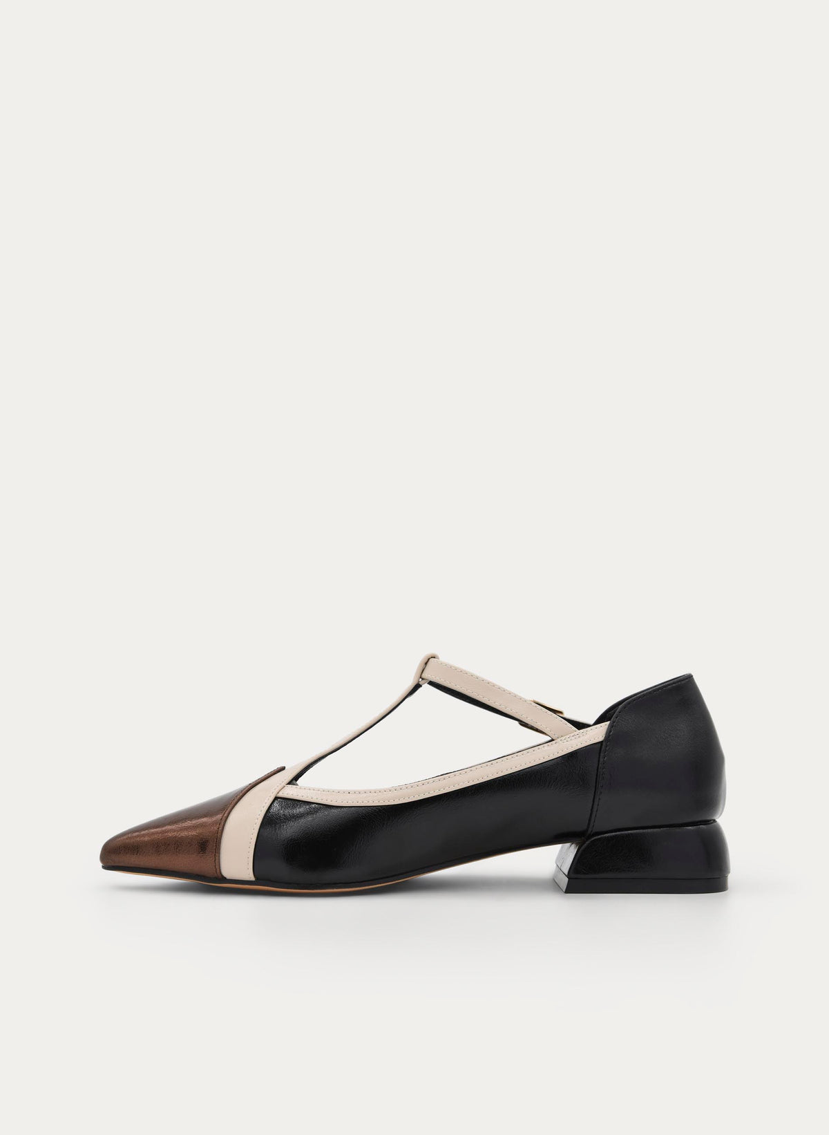 BLACK AND BRONZE LOW HEEL MARY JANE SHOE