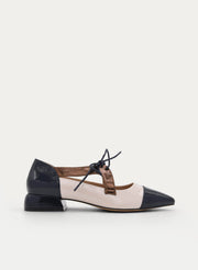 NAVY AND BEIGE LOW-HEEL MARY JANE SHOES