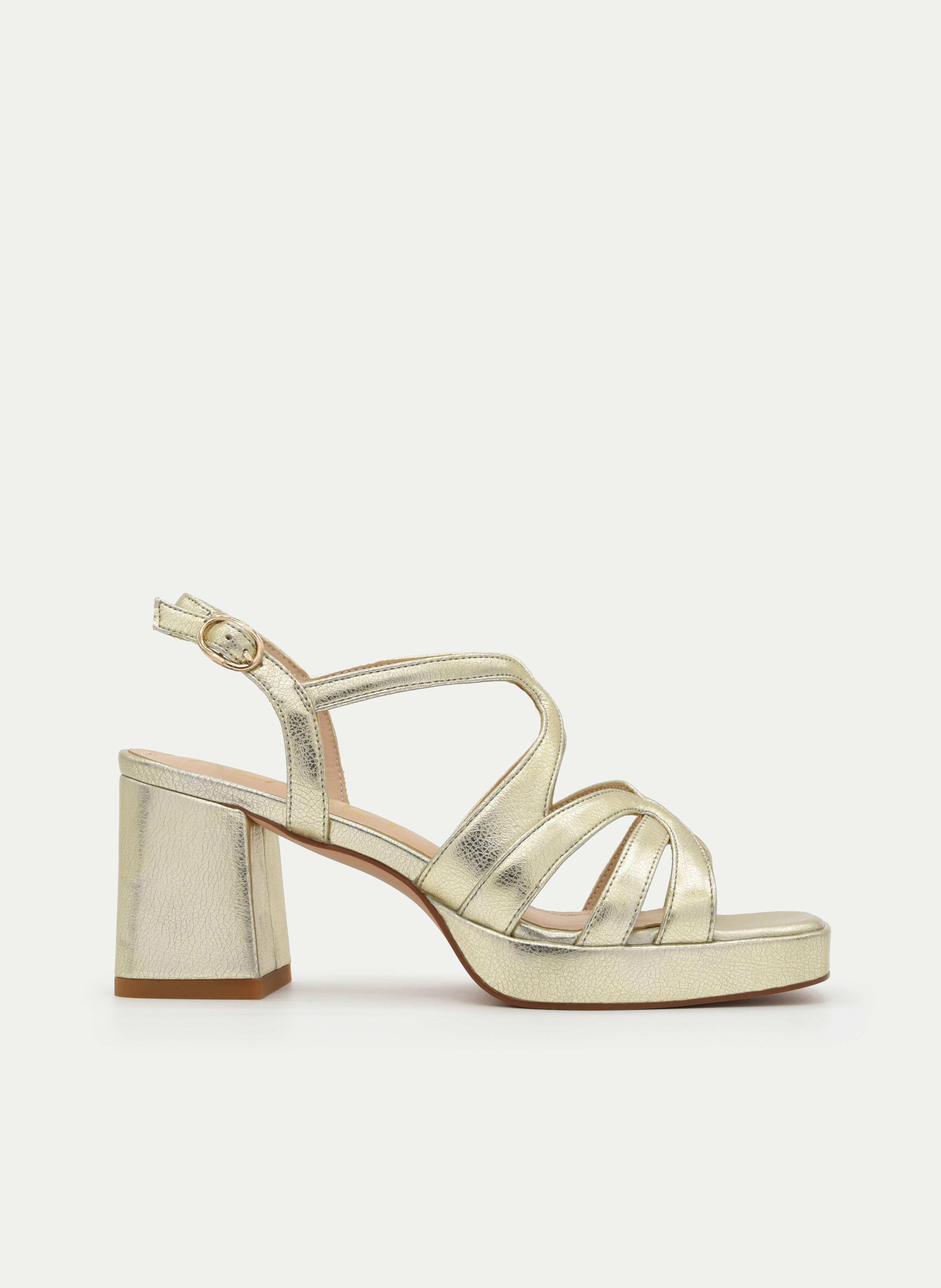 GOLD METALLIC BLOCK HEEL SANDALS WITH ORGANIC STRAPS AND PLATFORM