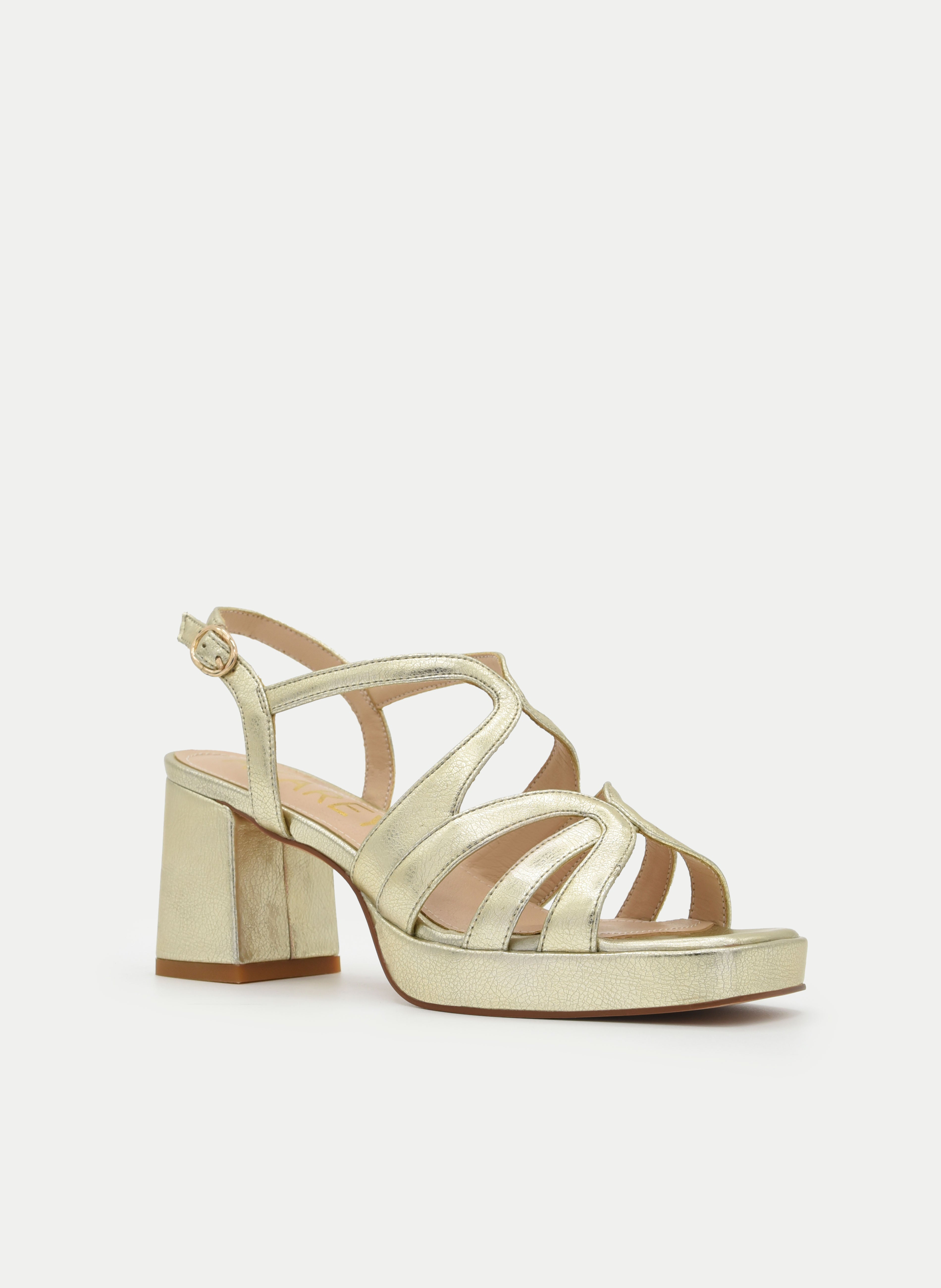 GOLD METALLIC BLOCK HEEL SANDALS WITH ORGANIC STRAPS AND PLATFORM
