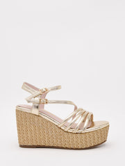 Gold high-wedge sandals with braided platform