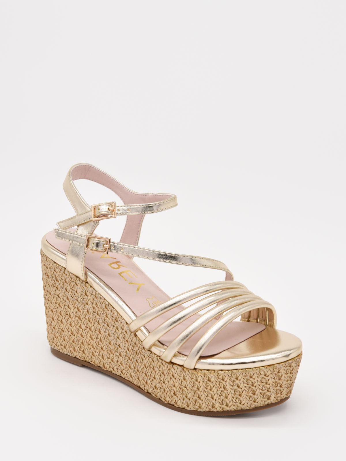 Sandalias doradas de cuña alta y plataforma trenzada