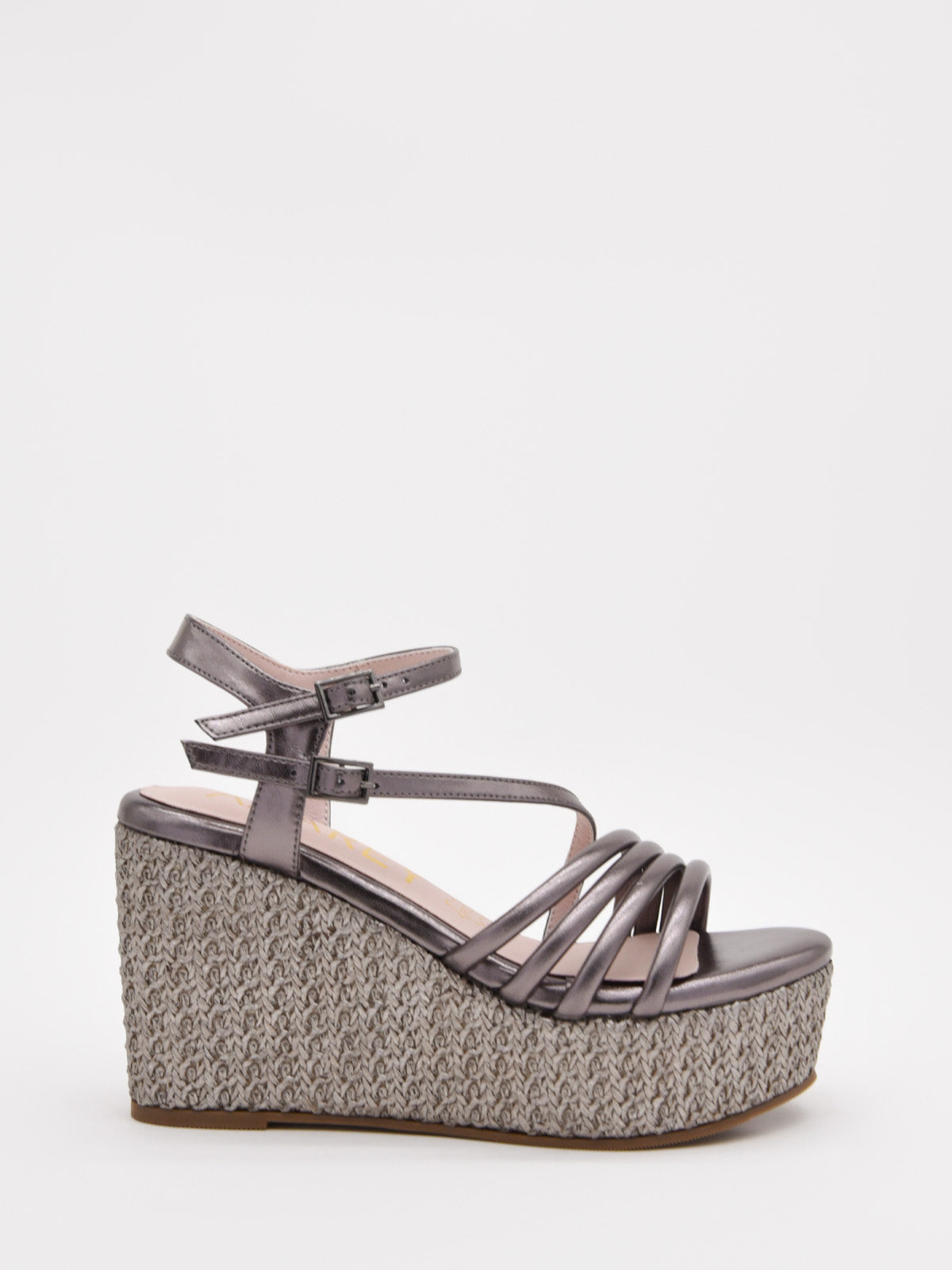 Metallic lead wedge sandals with thin straps and platform