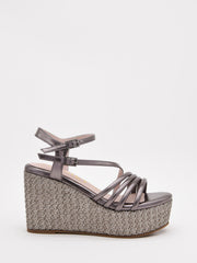 Metallic lead wedge sandals with thin straps and platform