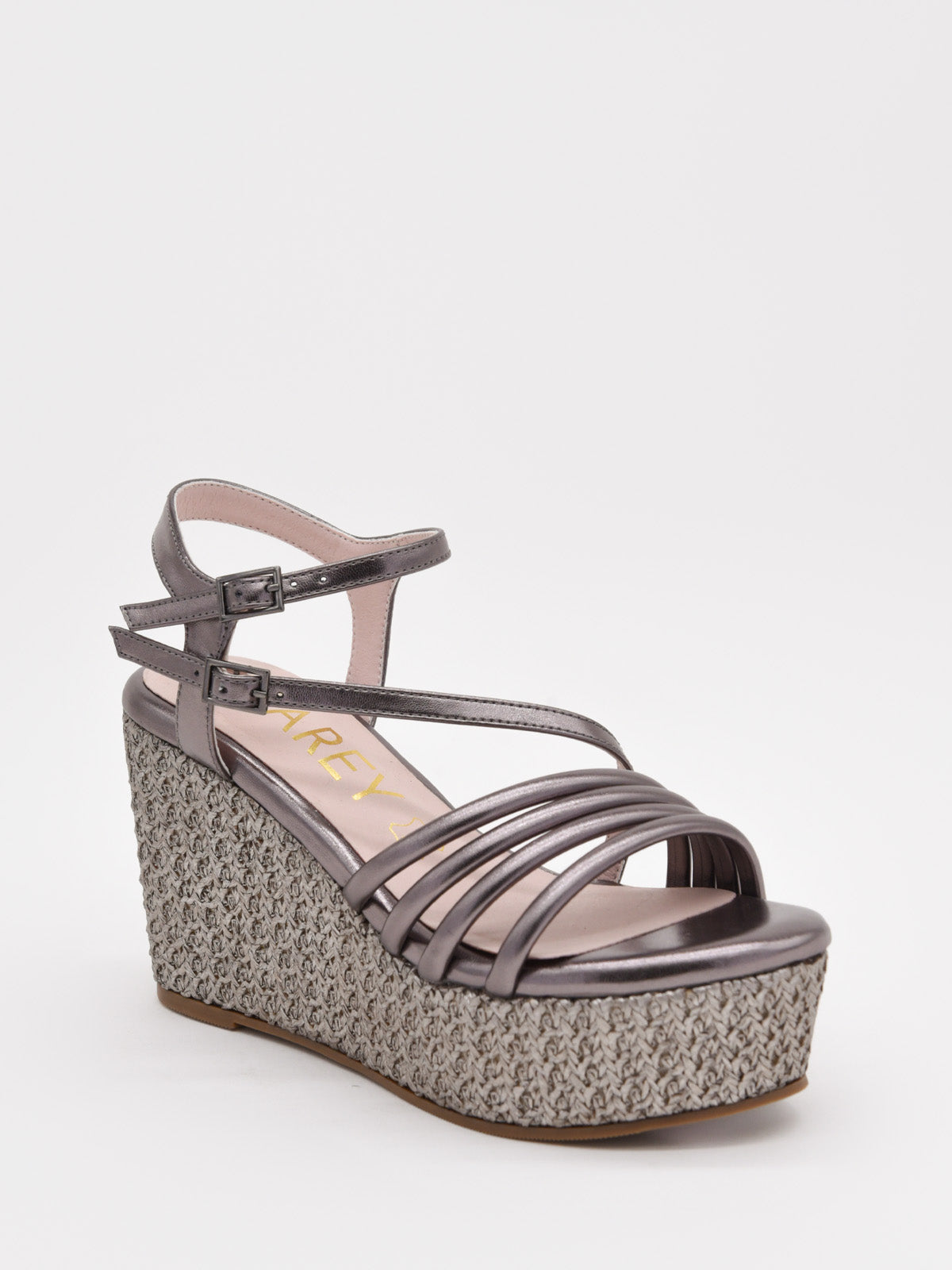 Metallic lead wedge sandals with thin straps and platform