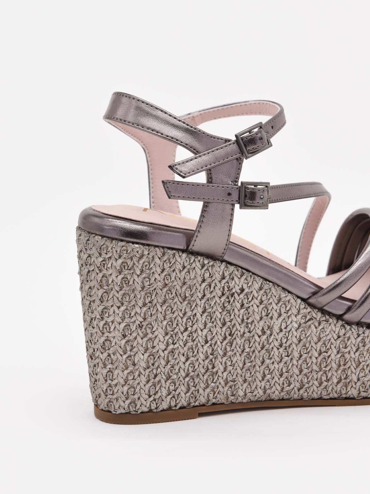 Metallic lead wedge sandals with thin straps and platform